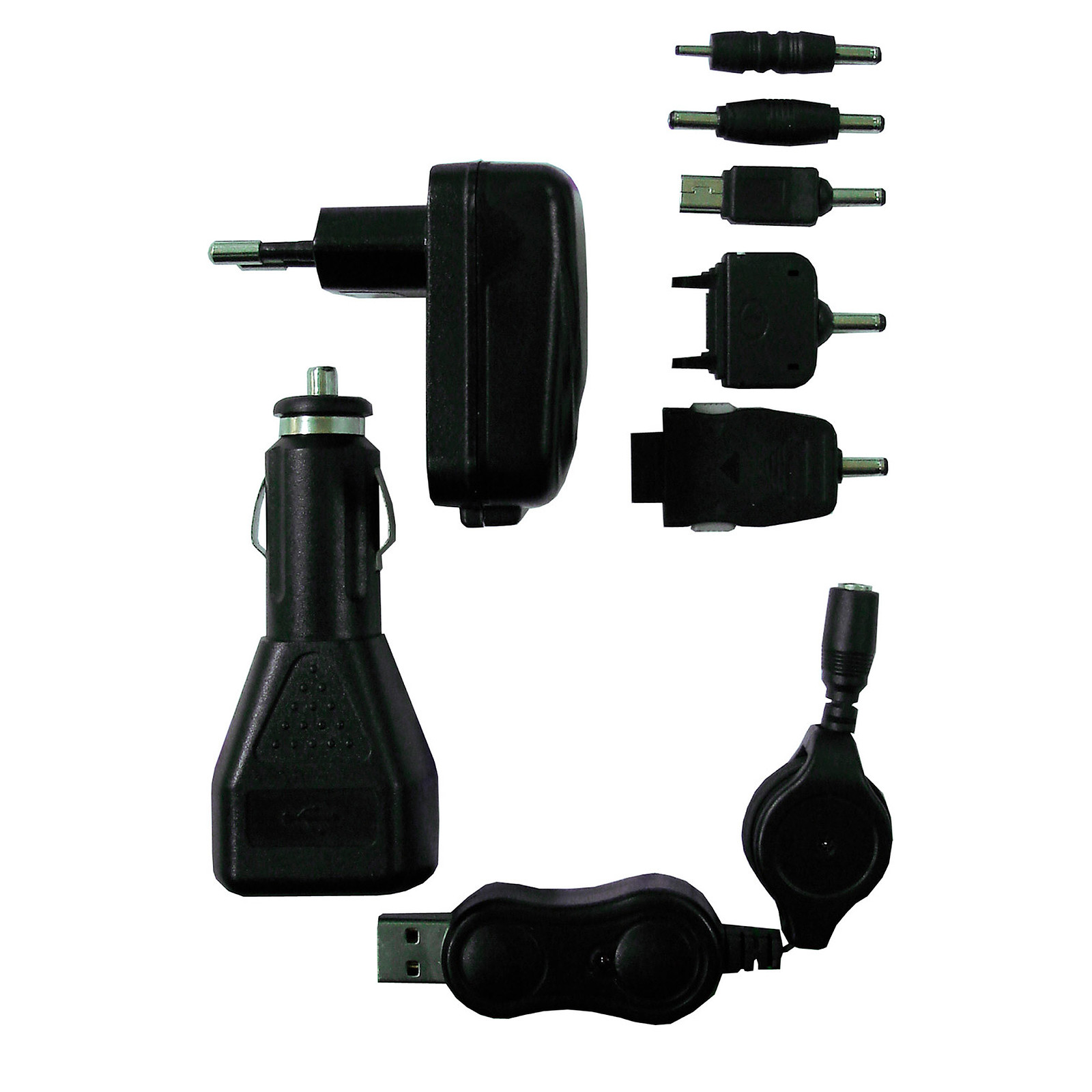 Zenitech-Kit chargeur USB compose de: 1 adaptateur voiture en USB + 1 cordon retractable USB + 1 chargeur mural USB + 5 connecteurs - Chargeur telephone Zenitech