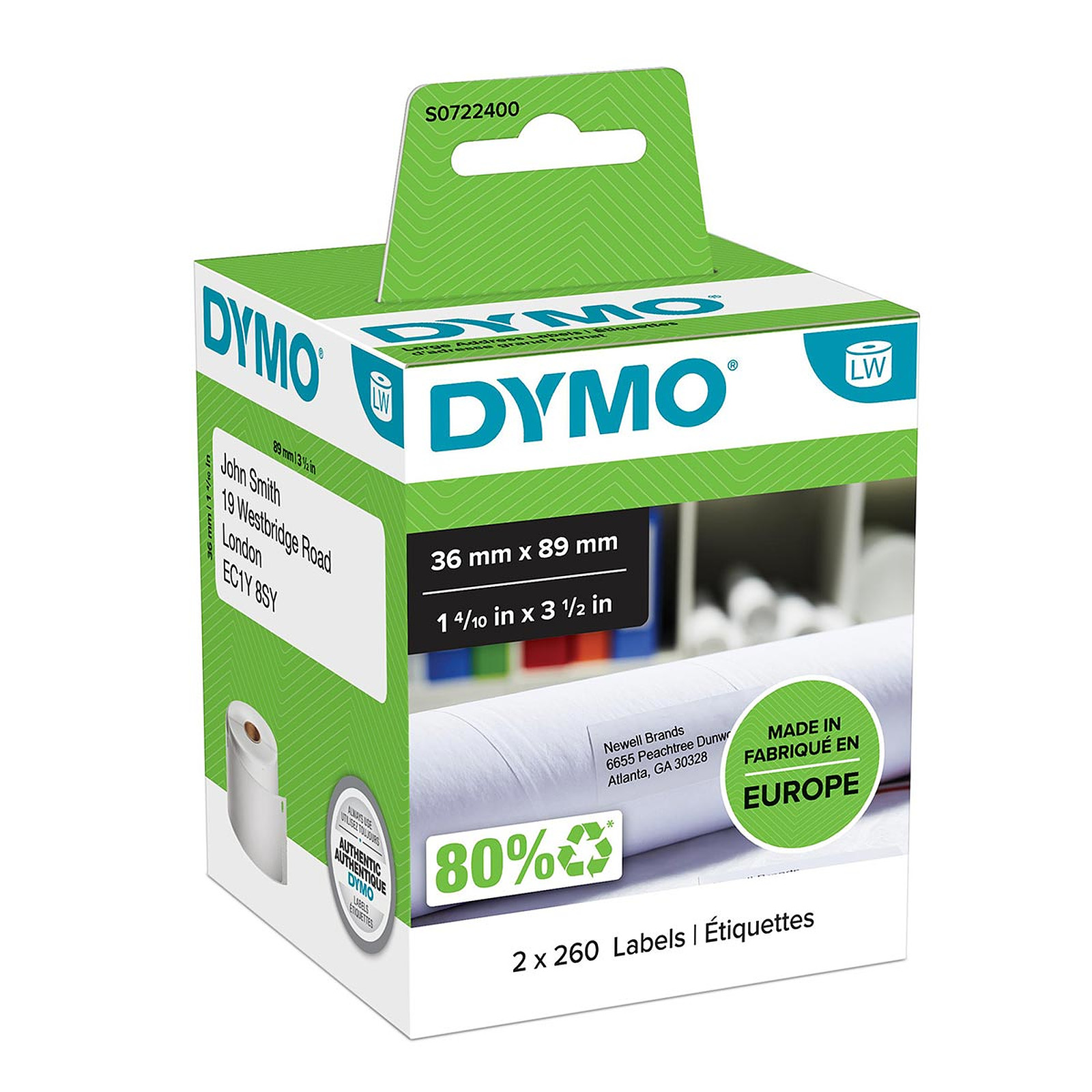 DYMO Pack de 2 rouleaux d'etiquettes adresse larges pour LabelWriter - 89 x 36 mm - Papier imprimante DYMO