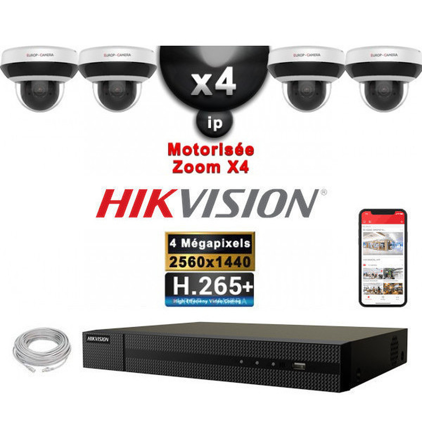 HIKVISION Kit Video Surveillance PRO IP : 4x Cameras POE Domes motorisee IR 20M 4MP + Enregistreur NVR 4 canaux H265+ 2000 Go - Camera de surveillance Hikvision