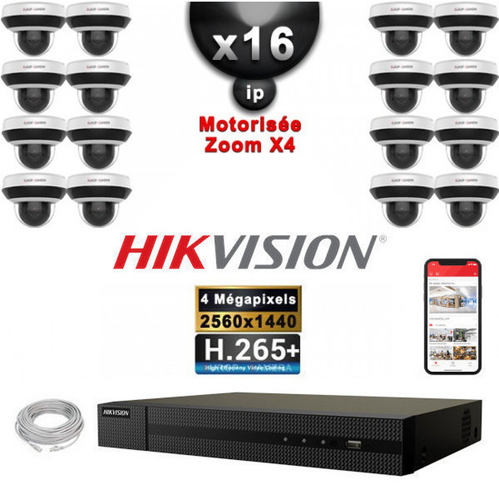 HIKVISION Kit Video Surveillance PRO IP : 16x Cameras POE Domes motorisee IR 20M 4 MP + Enregistreur NVR 16 canaux H265+ 3000Go - Camera de surveillance Hikvision