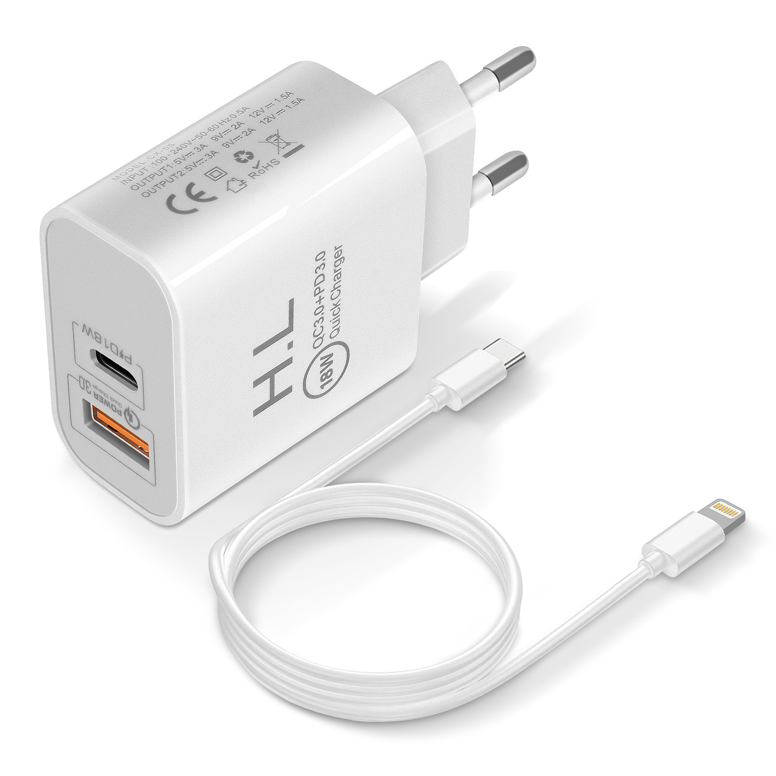 Avizar Chargeur secteur USB / USB-C 18W Power Delivery Q.C 3.0 Cable Lightning Blanc - Chargeur telephone Avizar