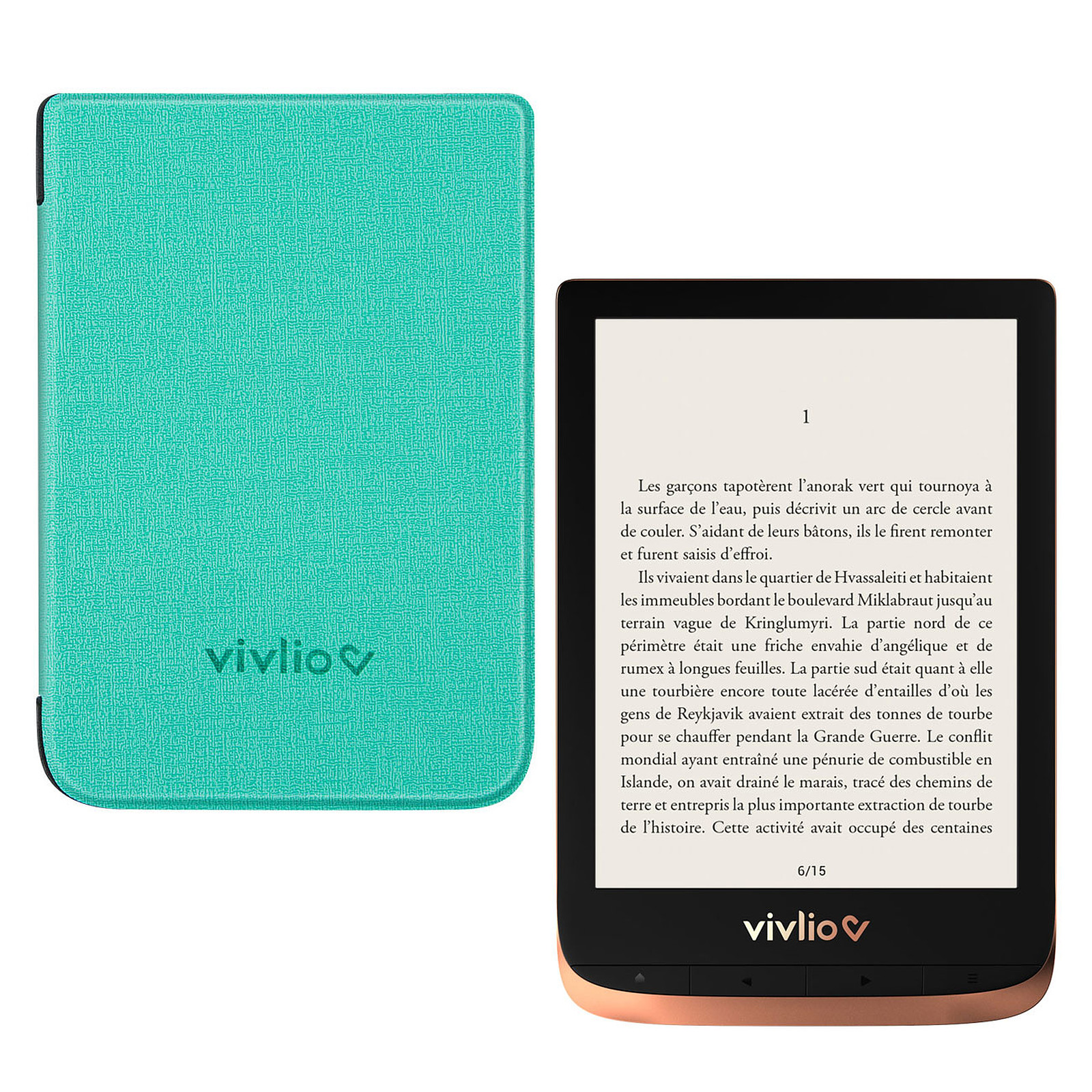 Vivlio Touch HD Plus Cuivre/Noir + Pack d'eBooks OFFERT + Housse Chinee Verte - Liseuse eBook Vivlio