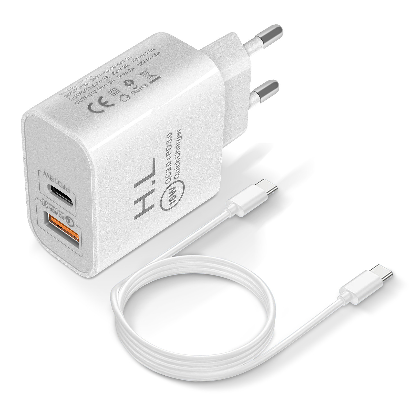 Avizar Chargeur secteur USB / USB-C 18W Power Delivery Q.C 3.0 Cable USB-C Blanc - Chargeur telephone Avizar