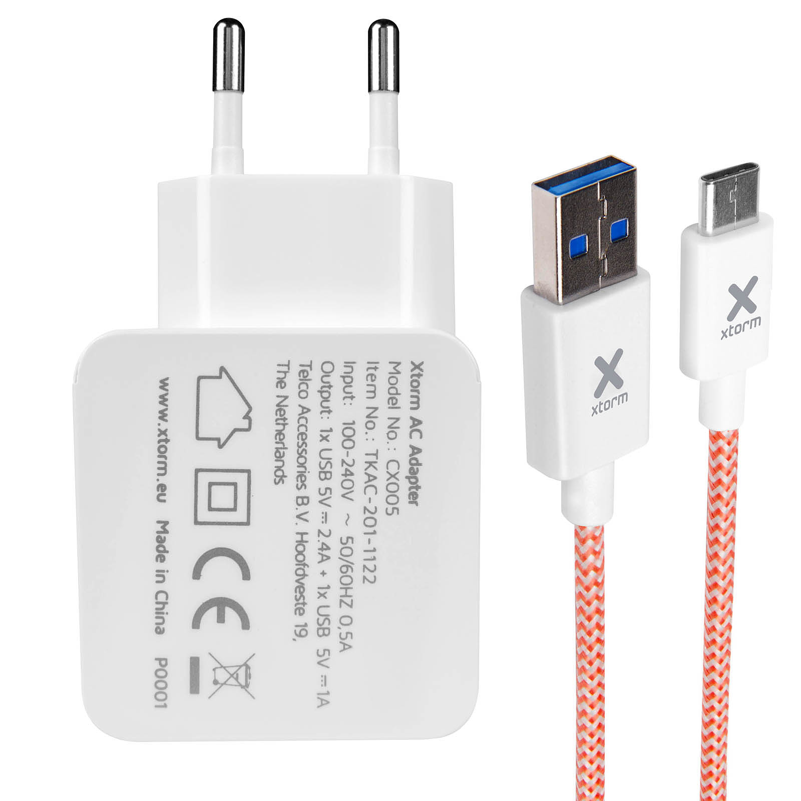Xtorm Chargeur mural 2x Ports USB 1A et 2.4A et Cable USB Type C Blanc - Chargeur telephone Xtorm