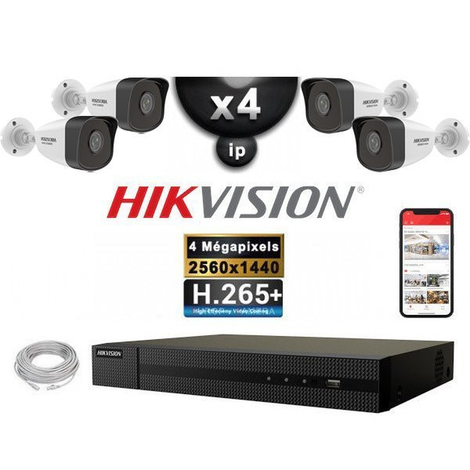 HIKVISION Kit Video Surveillance PRO IP : 4x Cameras POE Tubes IR 30M 4 MP + Enregistreur NVR 4 canaux H265+ 2000 Go - Camera de surveillance Hikvision