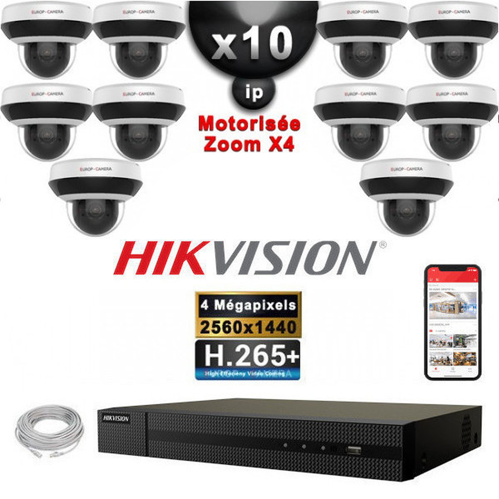 HIKVISION Kit Video Surveillance PRO IP : 10x Cameras POE Domes motorisee IR 20M 4 MP + Enregistreur NVR 16 canaux H265+ 3000Go - Camera de surveillance Hikvision
