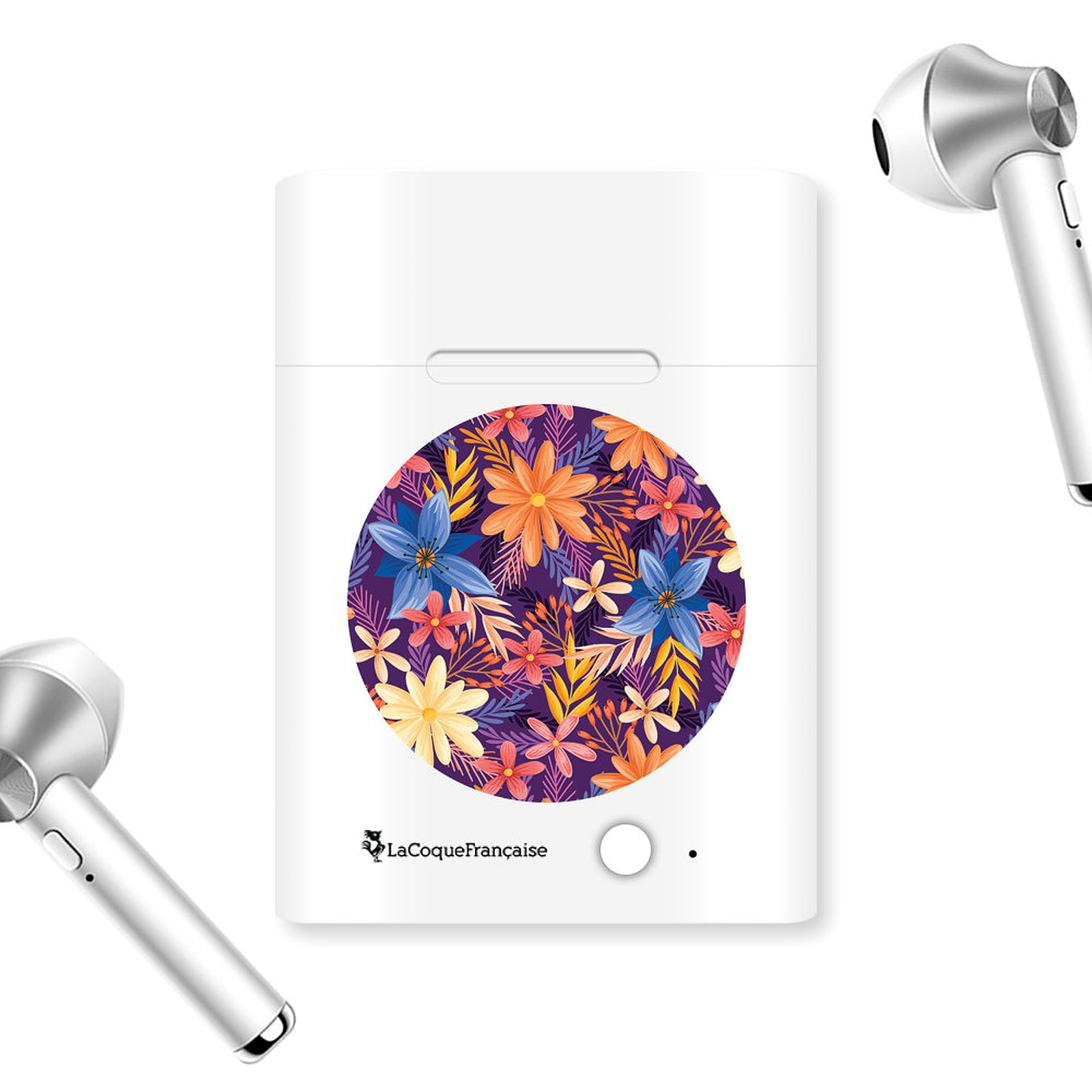 LaCoqueFrancaise Ecouteurs Sans Fil Bluetooth Argent argent Fleurs violettes et oranges - Kit pieton et Casque LaCoqueFrancaise