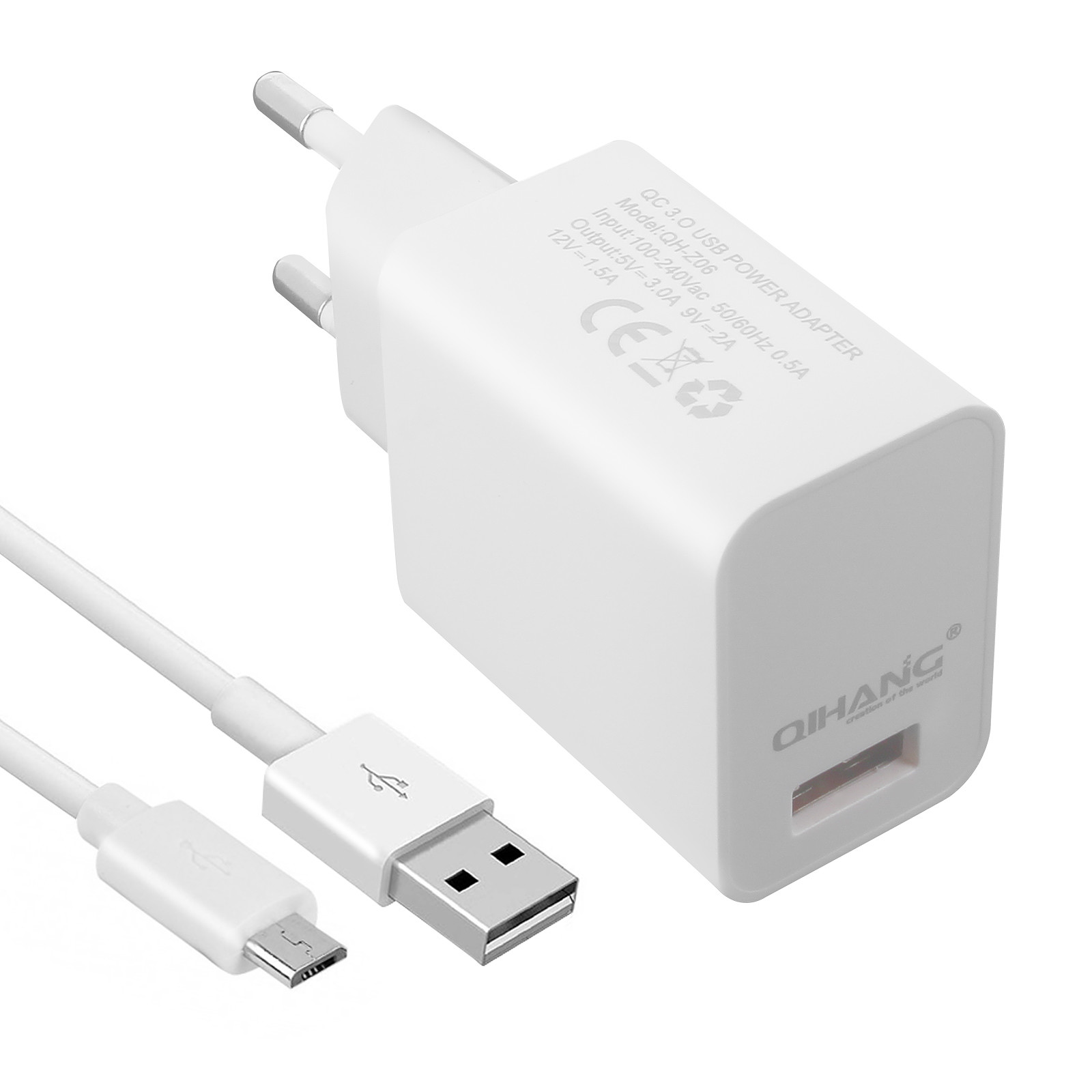 Avizar Chargeur secteur USB 3A Qualcomm Quick Charge 3.0 Cable Micro-USB 1m Blanc - Chargeur telephone Avizar