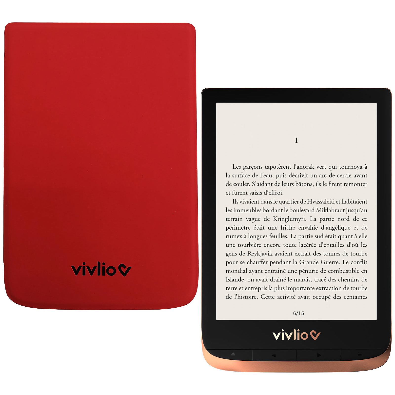 Vivlio Touch HD Plus Cuivre/Noir + Pack d'eBooks OFFERT + Housse Rouge - Liseuse eBook Vivlio