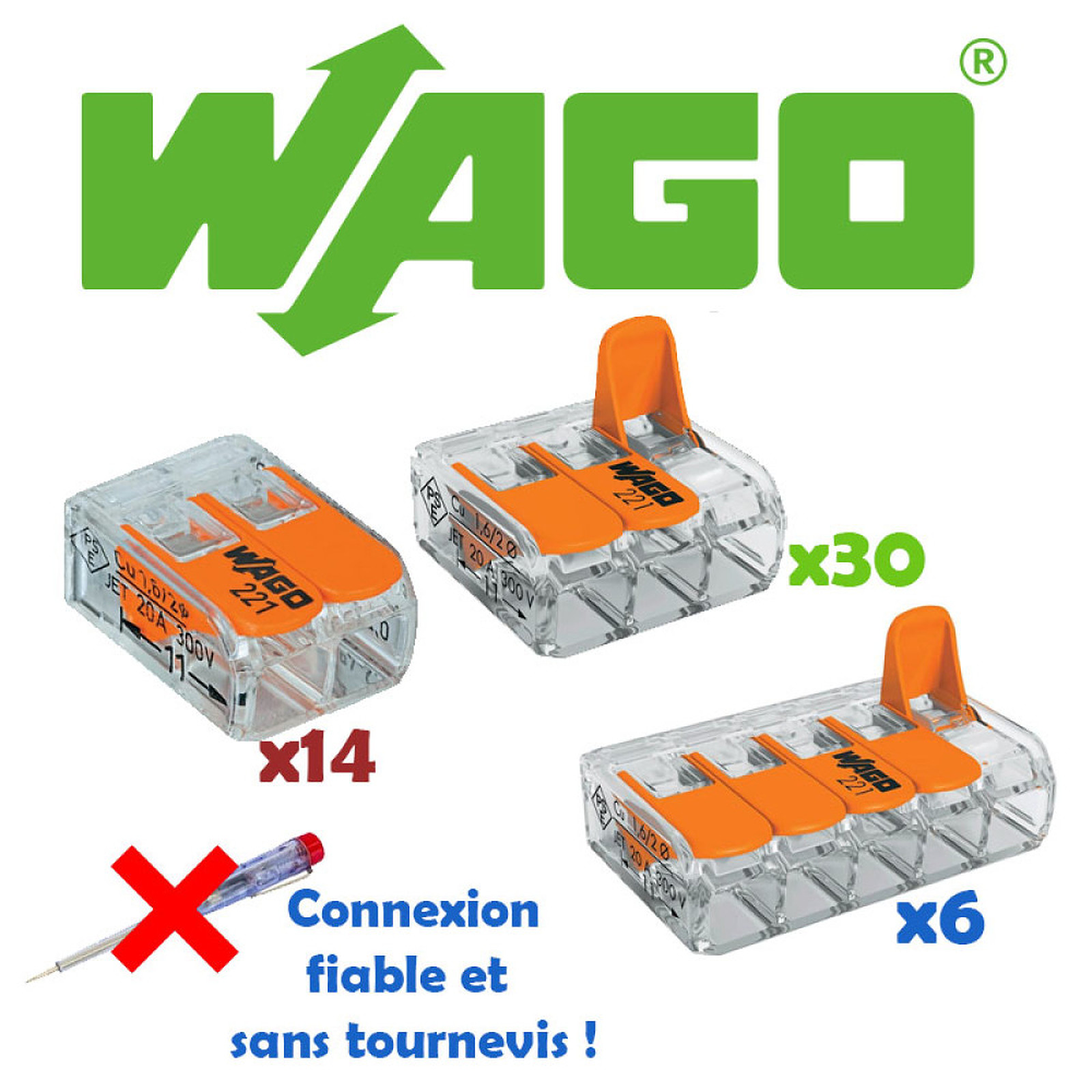 Wago Lot De 50 Borniers De Connexion Avec Levier (14x2 + 30x3 + 6x5) - Wago WAGOK1-221 - Prise connectee Wago