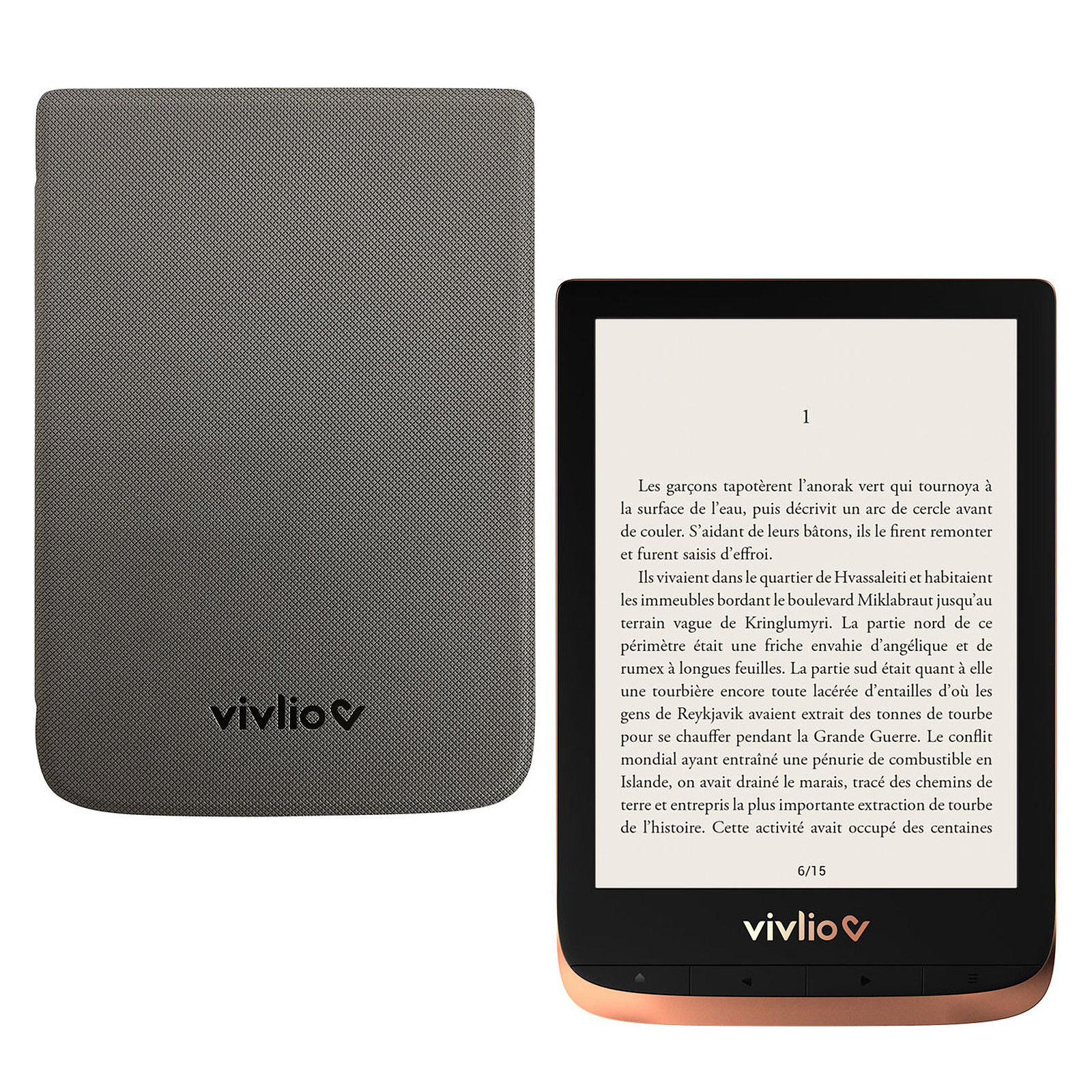 Vivlio Touch HD Plus Cuivre/Noir + Pack d'eBooks OFFERT + Housse Grise - Liseuse eBook Vivlio