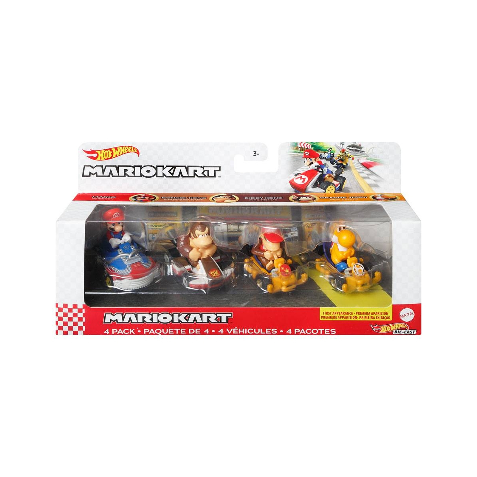 Mario Kart - Pack 4 vehicules metal Hot Wheels 1/64 Mario, Donkey Kong, Diddy Kong, Orange Yosh - Figurines Mattel