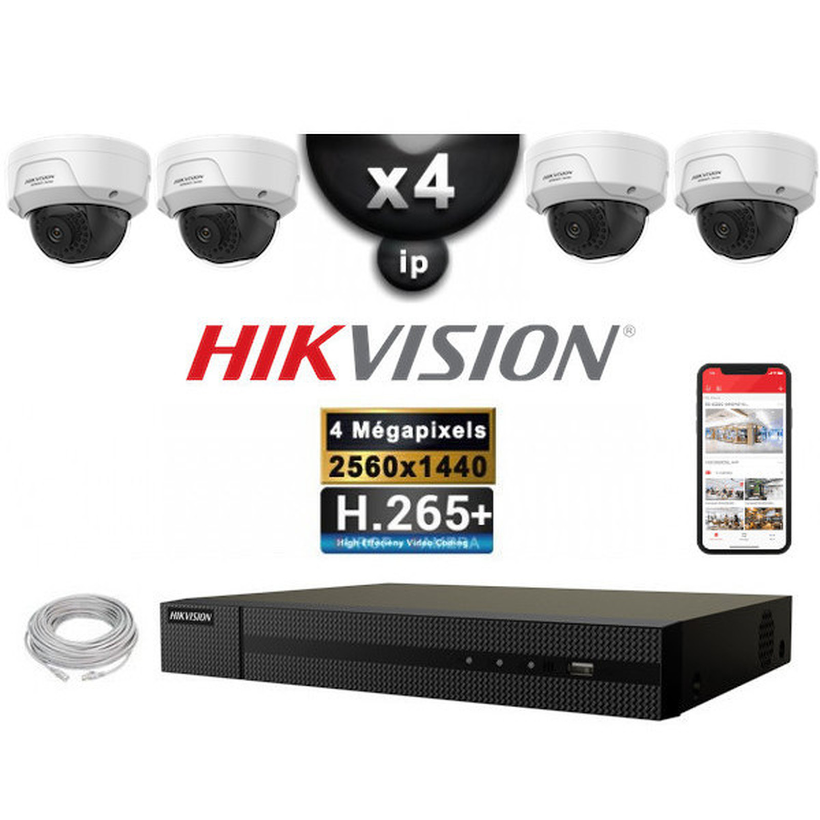 HIKVISION Kit Video Surveillance PRO IP : 4x Cameras POE Domes IR 30M 4 MP + Enregistreur NVR 4 canaux H265+ 2000 Go - Camera de surveillance Hikvision