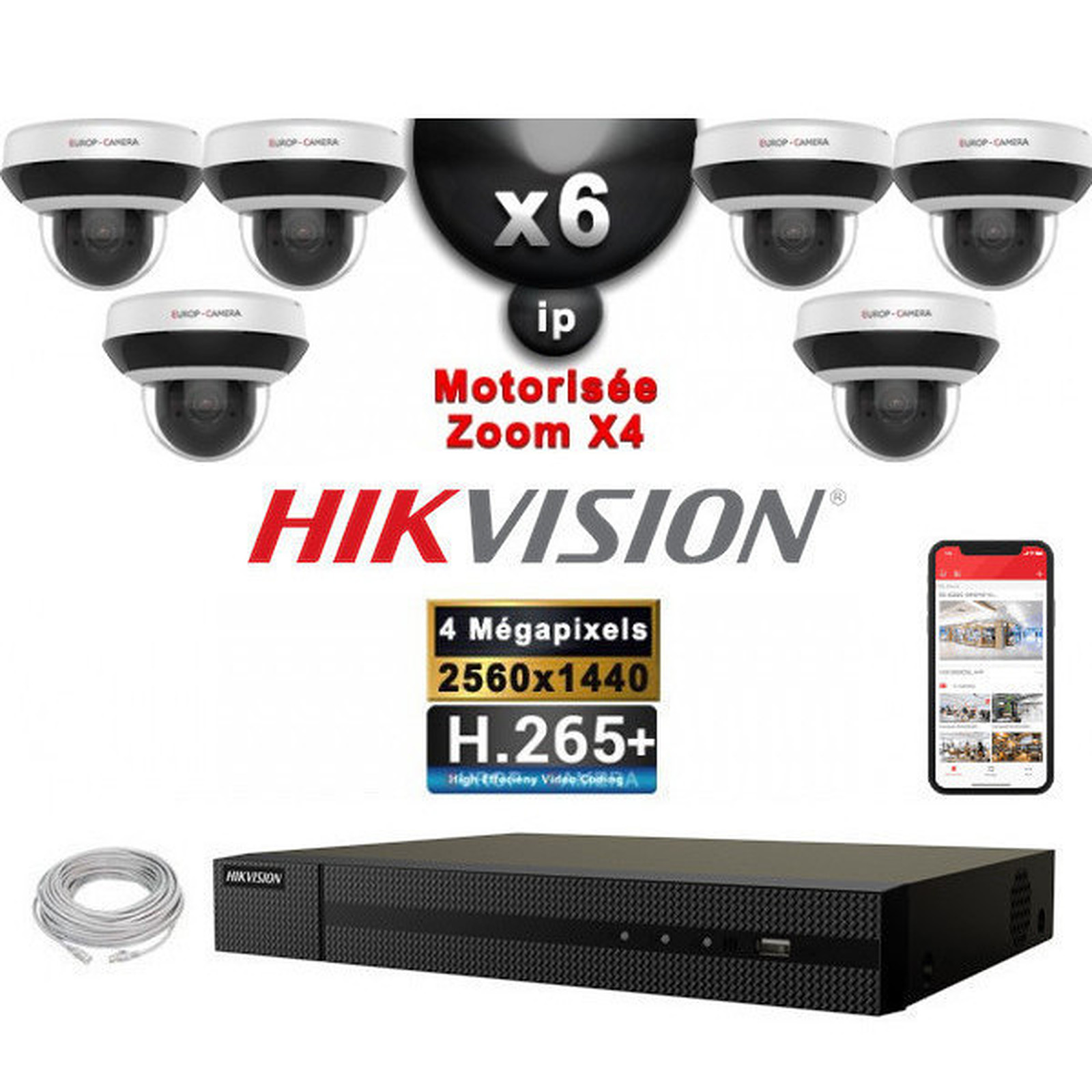 HIKVISION Kit Video Surveillance PRO IP : 6x Cameras POE Domes motorisee IR 20M 4MP + Enregistreur NVR 8 canaux H265+ 2000 Go - Camera de surveillance Hikvision