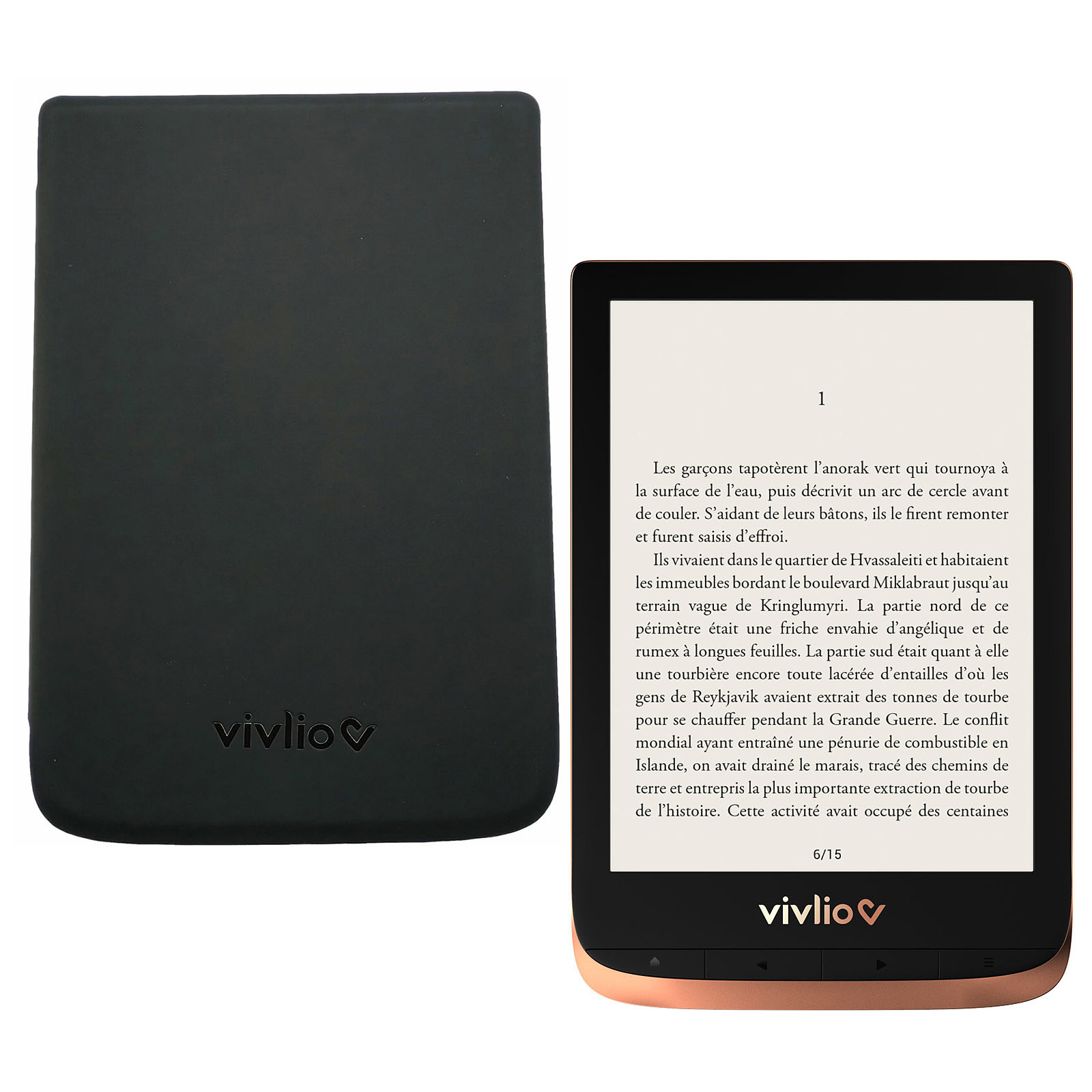 Vivlio Touch HD Plus Cuivre/Noir + Pack d'eBooks OFFERT + Housse Noire - Liseuse eBook Vivlio
