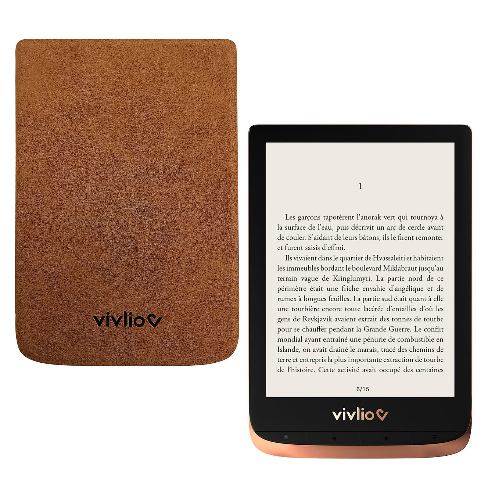 Vivlio Touch HD Plus Cuivre/Noir + Pack d'eBooks OFFERT + Housse Marron - Liseuse eBook Vivlio