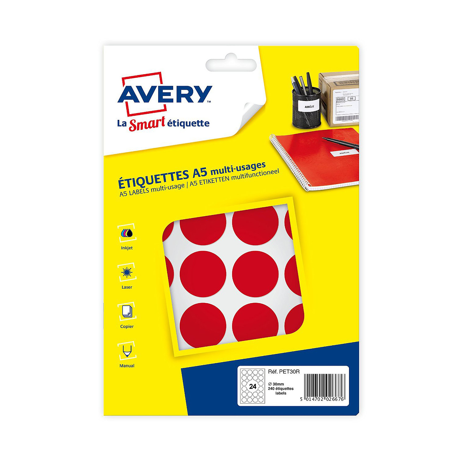 Avery Pastilles autocollantes diamètre 30 mm Rouge x 240 - Etiquette Avery