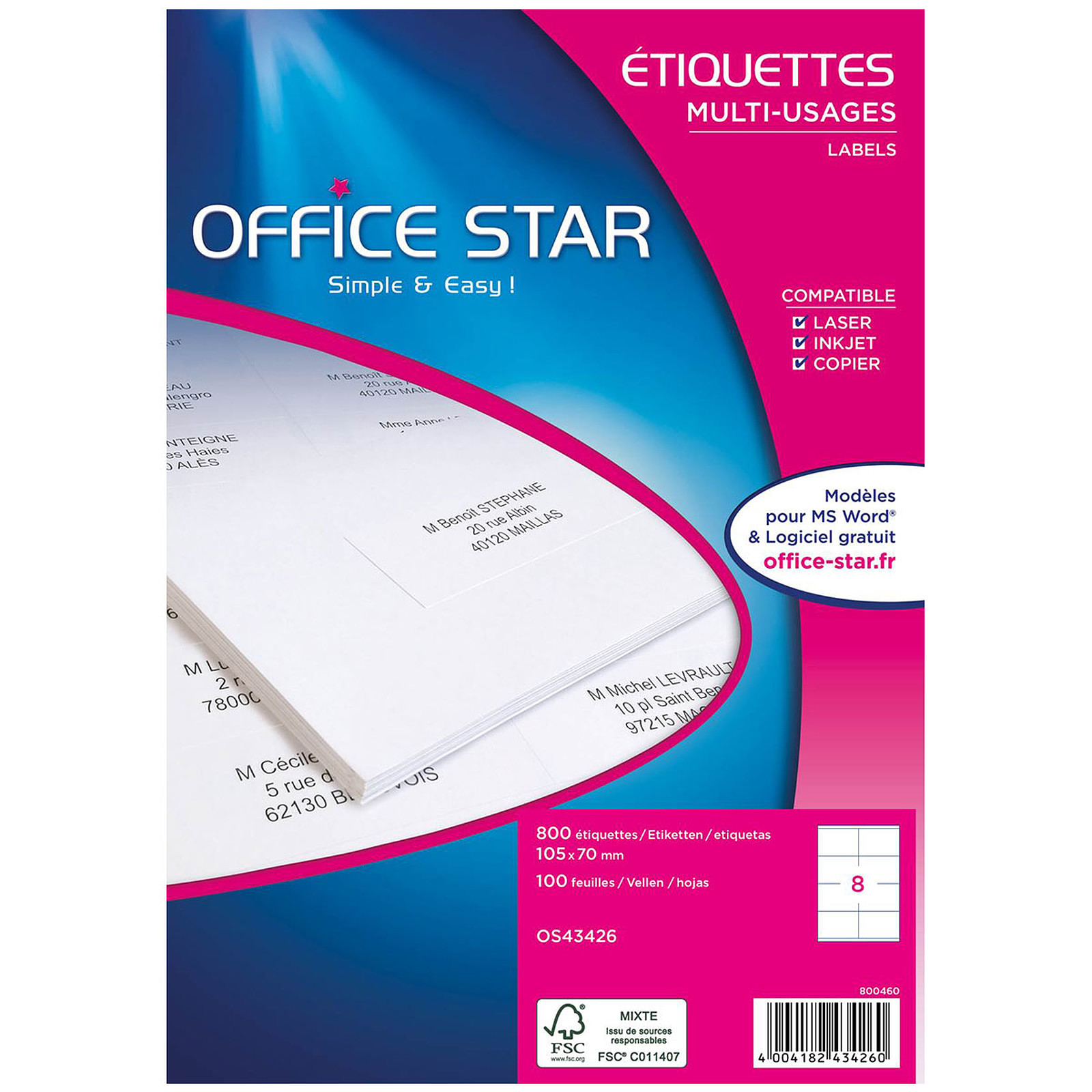 Office Star Etiquettes 105 x 70 mm x 800 - Etiquette Office Star