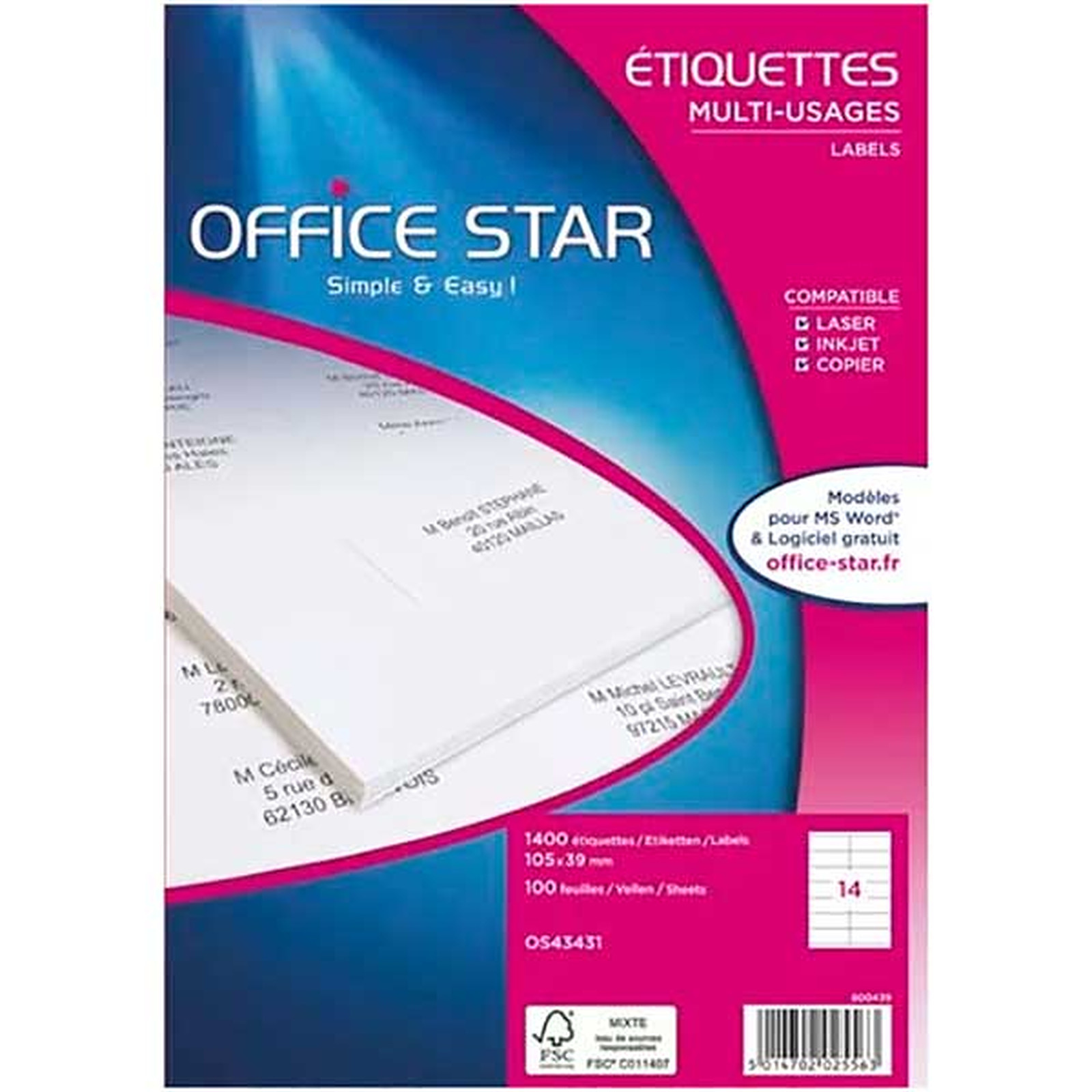 Office Star Etiquettes multi-usage blanches 97 x 42.3 mm x 1200 - Etiquette Office Star
