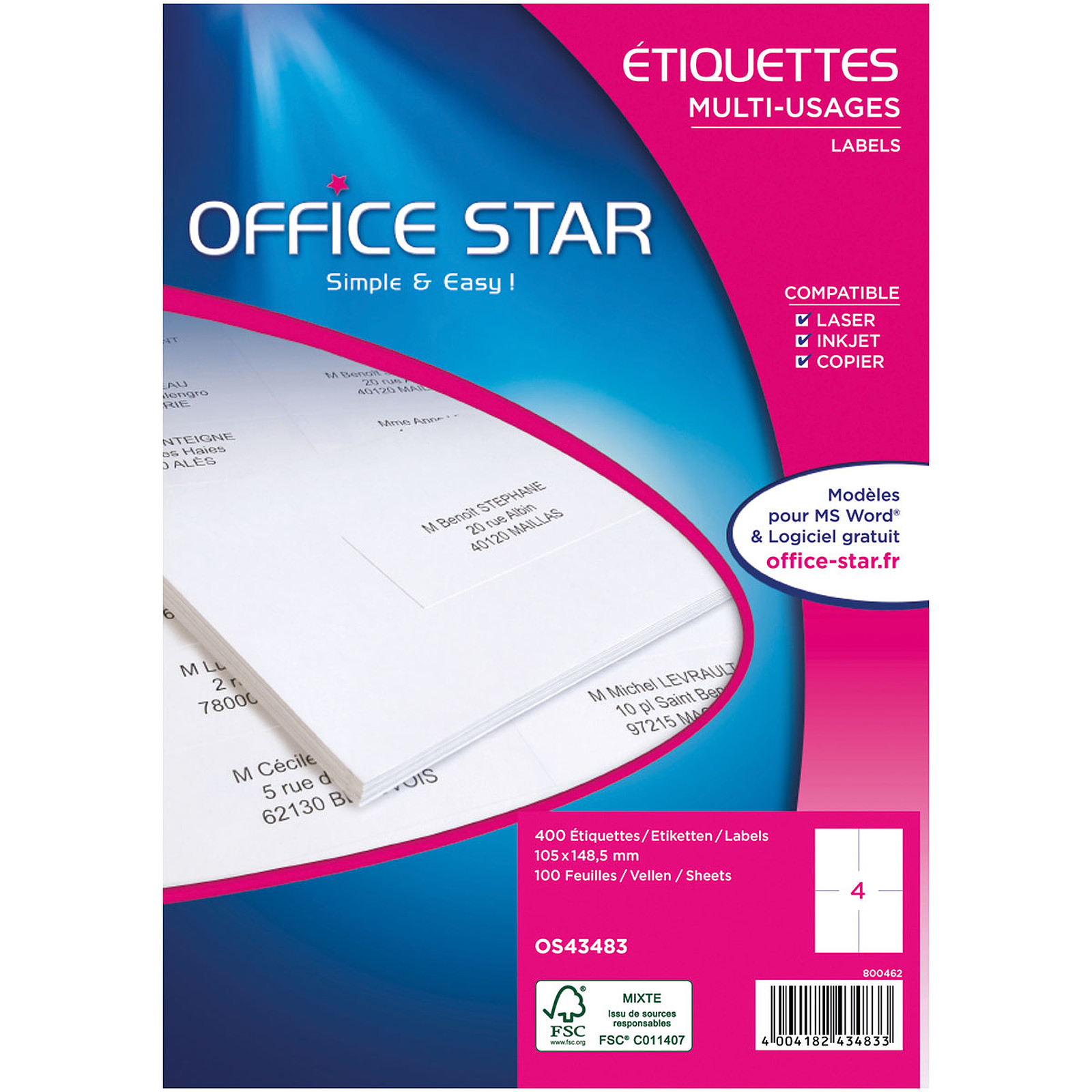Office Star Etiquettes 105 x 148.5 mm x 400 - Etiquette Office Star
