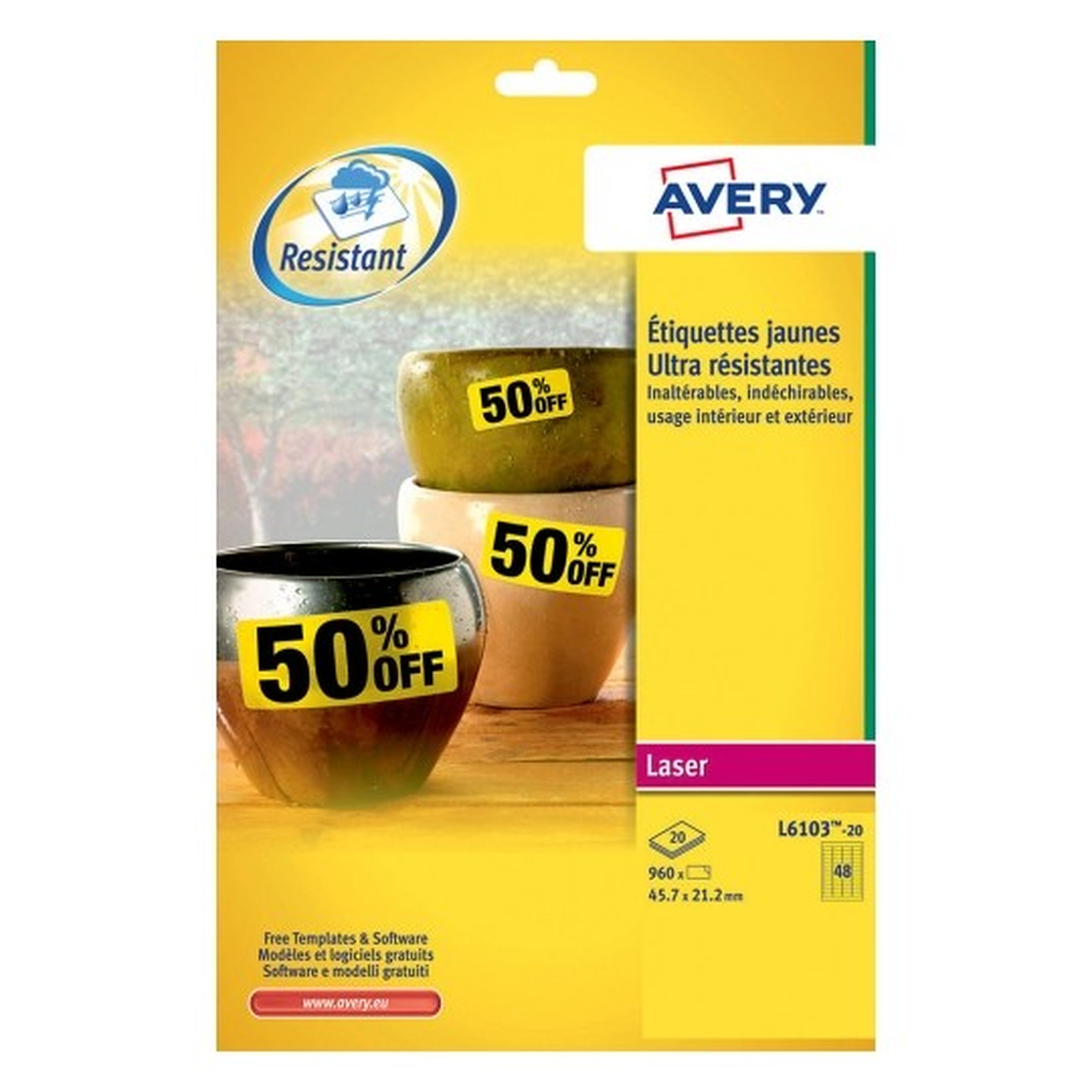 Avery Etiquettes ultra-resistante jaune 21,2 x 45,7 mm - Etiquette Avery