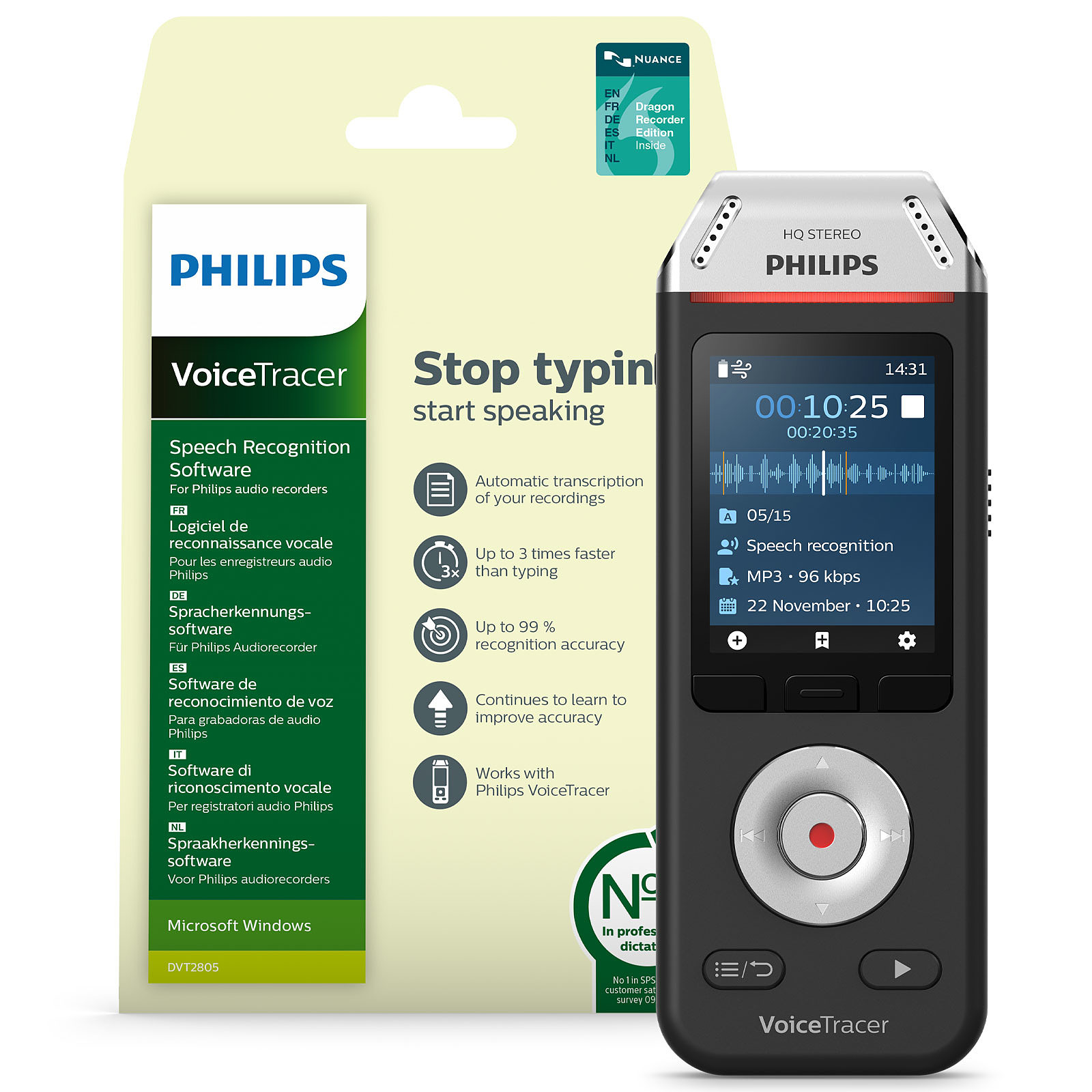 Philips DVT2810 + Logiciel de reconnaissance vocale - Dictaphone Philips