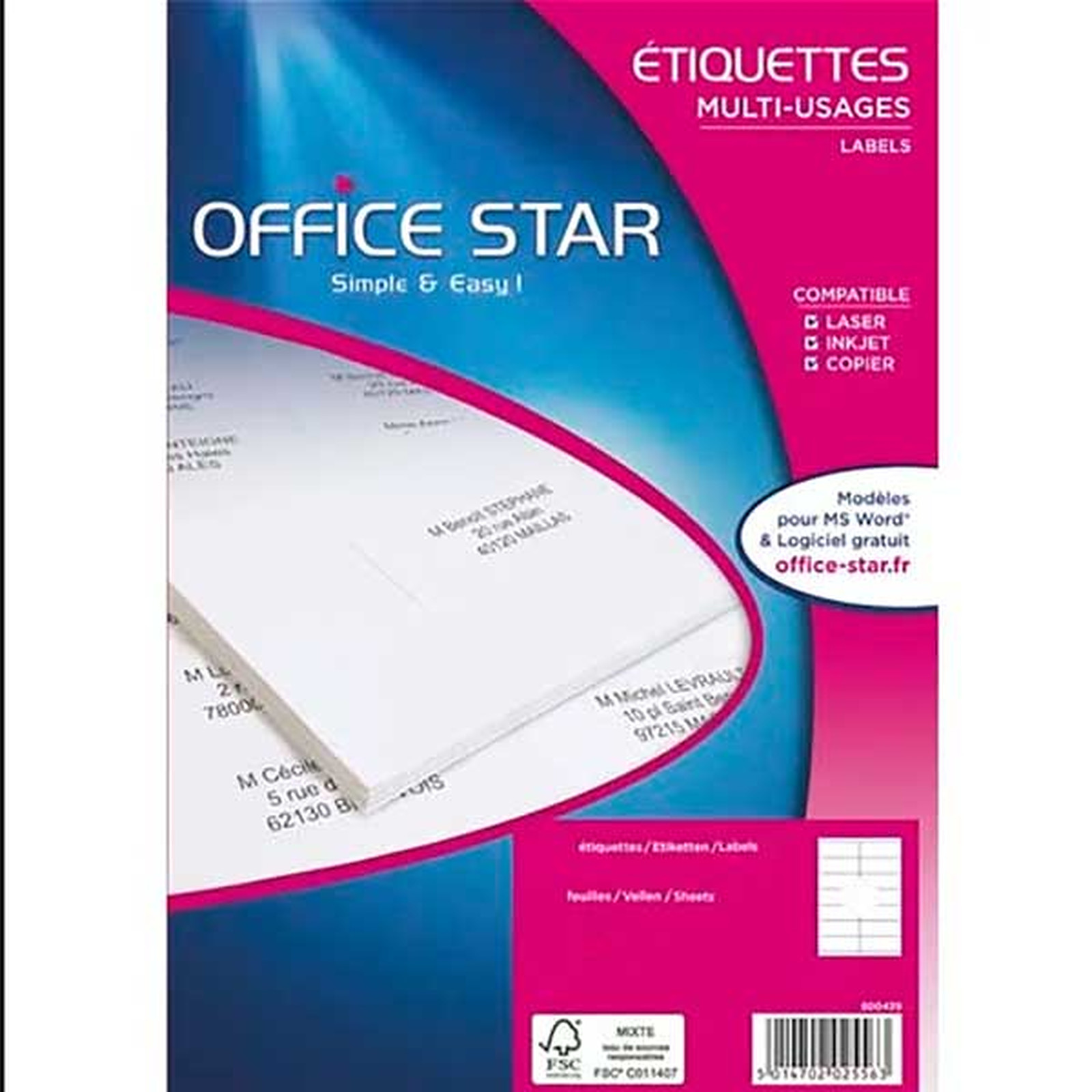 Office Star Etiquettes multi-usage blanches 70 x 31 mm x 2700 - Etiquette Office Star