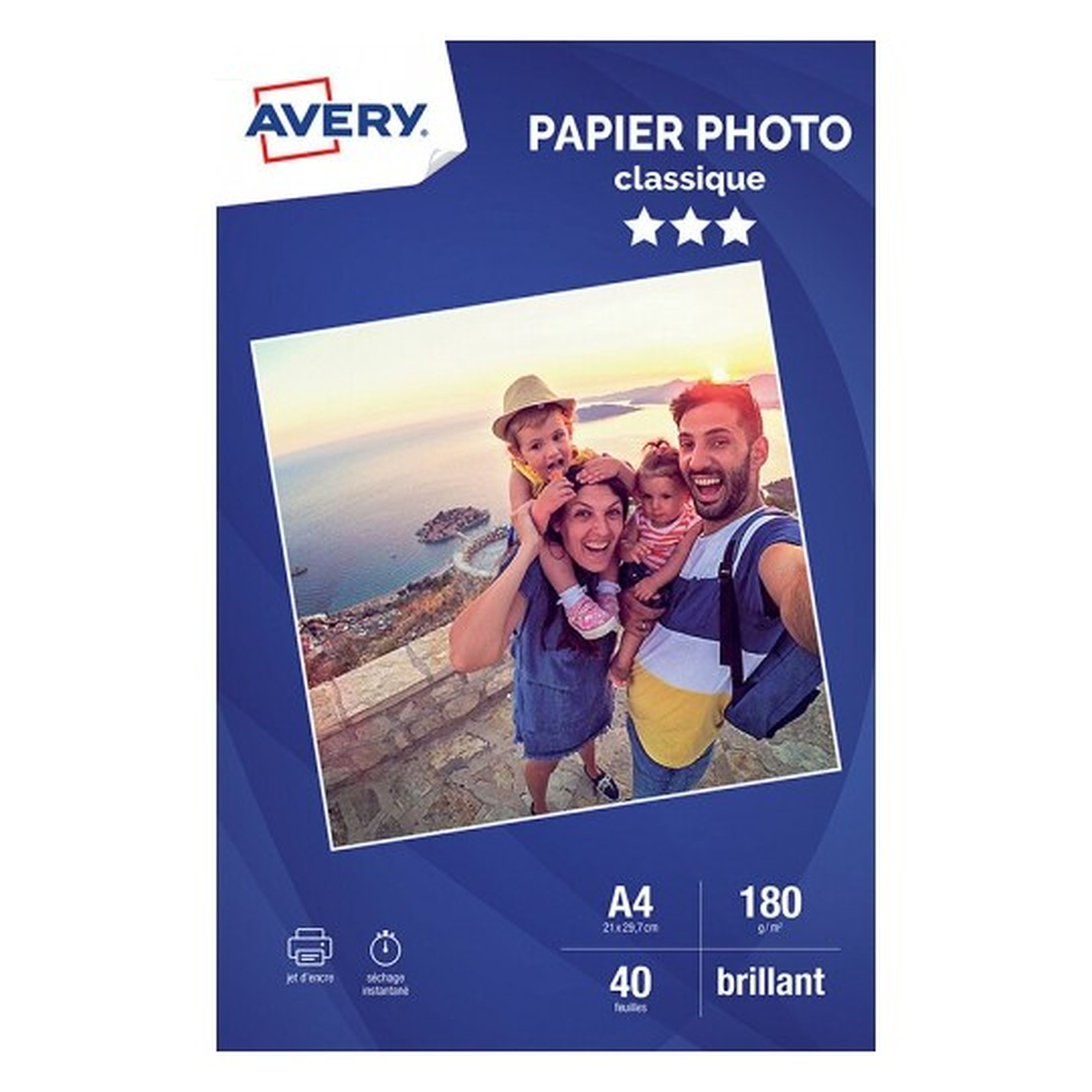Avery Papier Photo Classique Jet d'encre A4, Blanc, Brillant, 180 g/m² (20 feuilles) - Papier imprimante Avery
