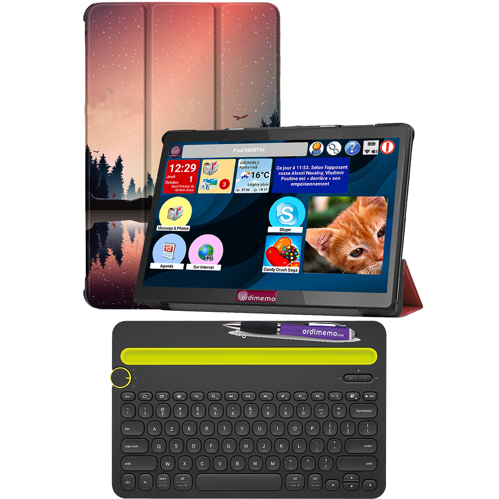 Pack Ordimemo iZitab4 10 ALOA HDP 10.1" 4/64 Go WiFi 4G Coque Stylet+clavier Logitech K480 - Tablette tactile Ordimemo