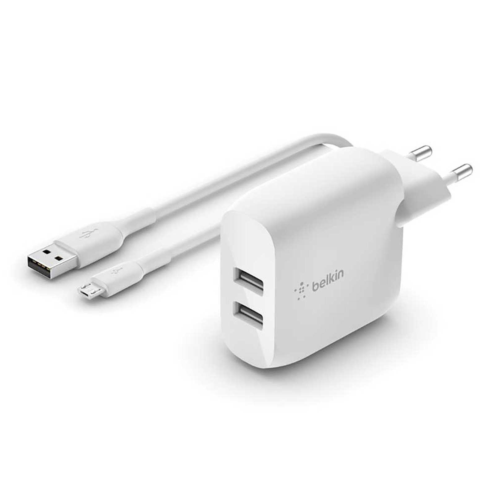 Belkin Boost Charge Chargeur secteur 2 ports USB-A 24 W avec cable USB-A vers micro-USB (Blanc) · Occasion - Chargeur telephone Belkin - Occasion