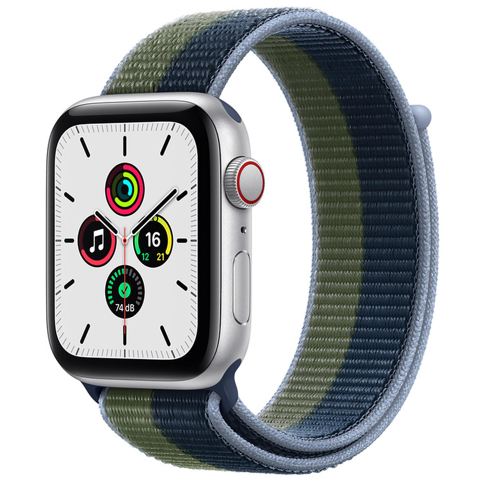 Apple Watch SE GPS + Cellular Silver Aluminium Boucle Sport Bleu Abysse/Vert Sauvage 44 mm - Montre connectee Apple