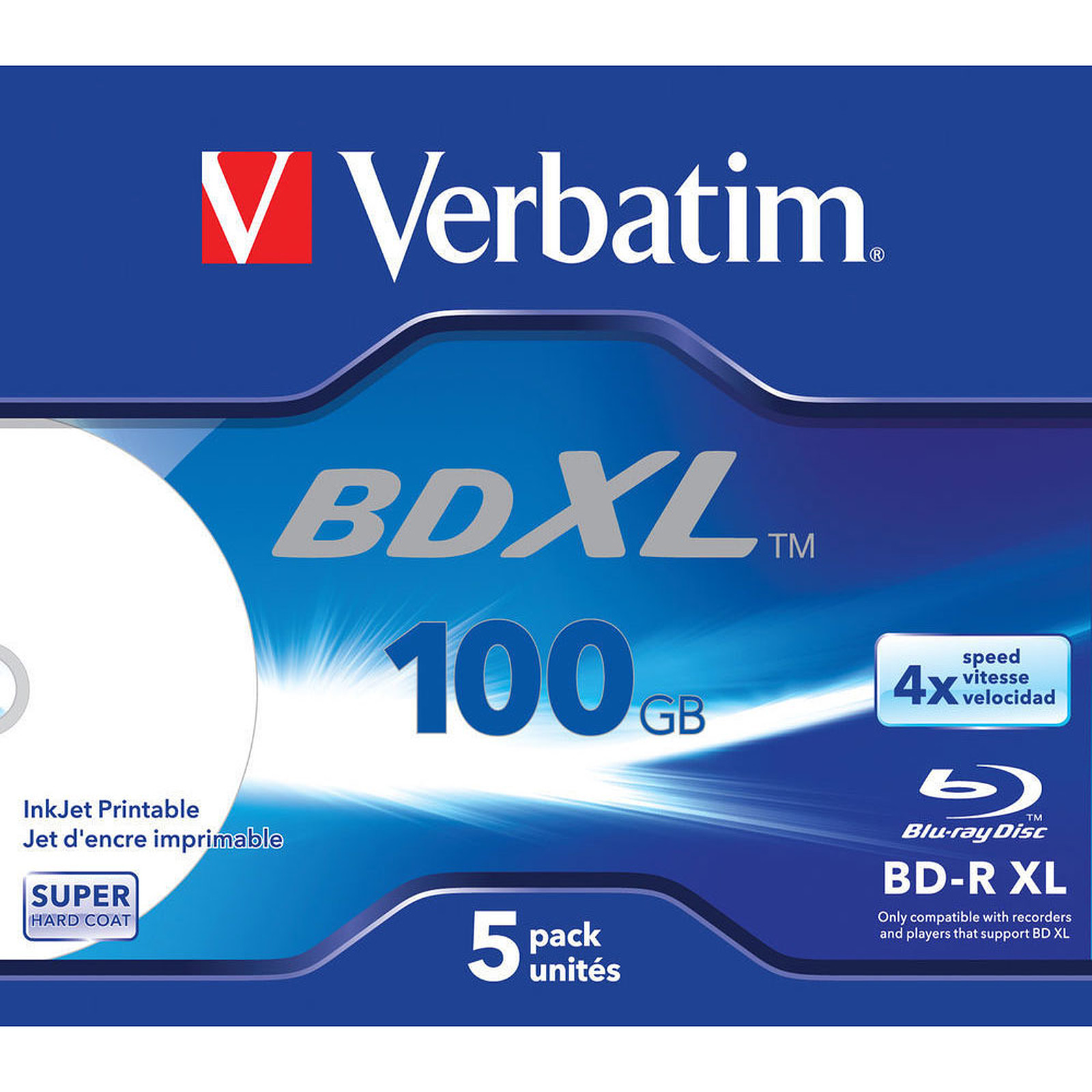 Verbatim BD-R XL 100 Go vitesse 4x imprimable (par 5, boite) - Blu-ray vierge Verbatim