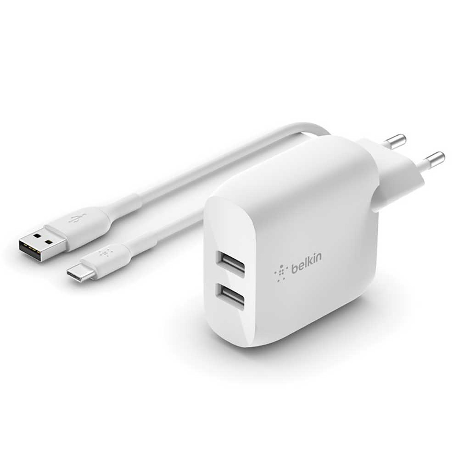 Belkin Boost Charge Chargeur secteur 2 ports USB-A 24 W avec cable USB-A vers USB-C (Blanc) - Chargeur telephone Belkin