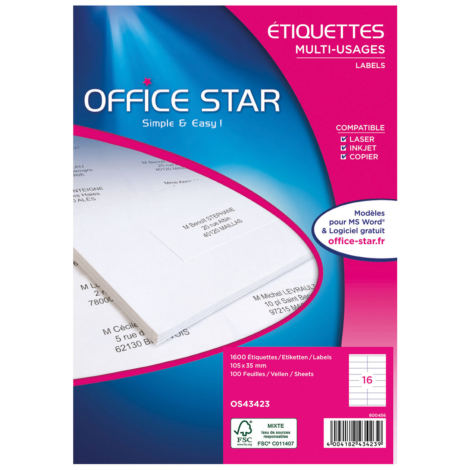 Office Star Etiquettes 105 x 35 mm x 1600 - Etiquette Office Star