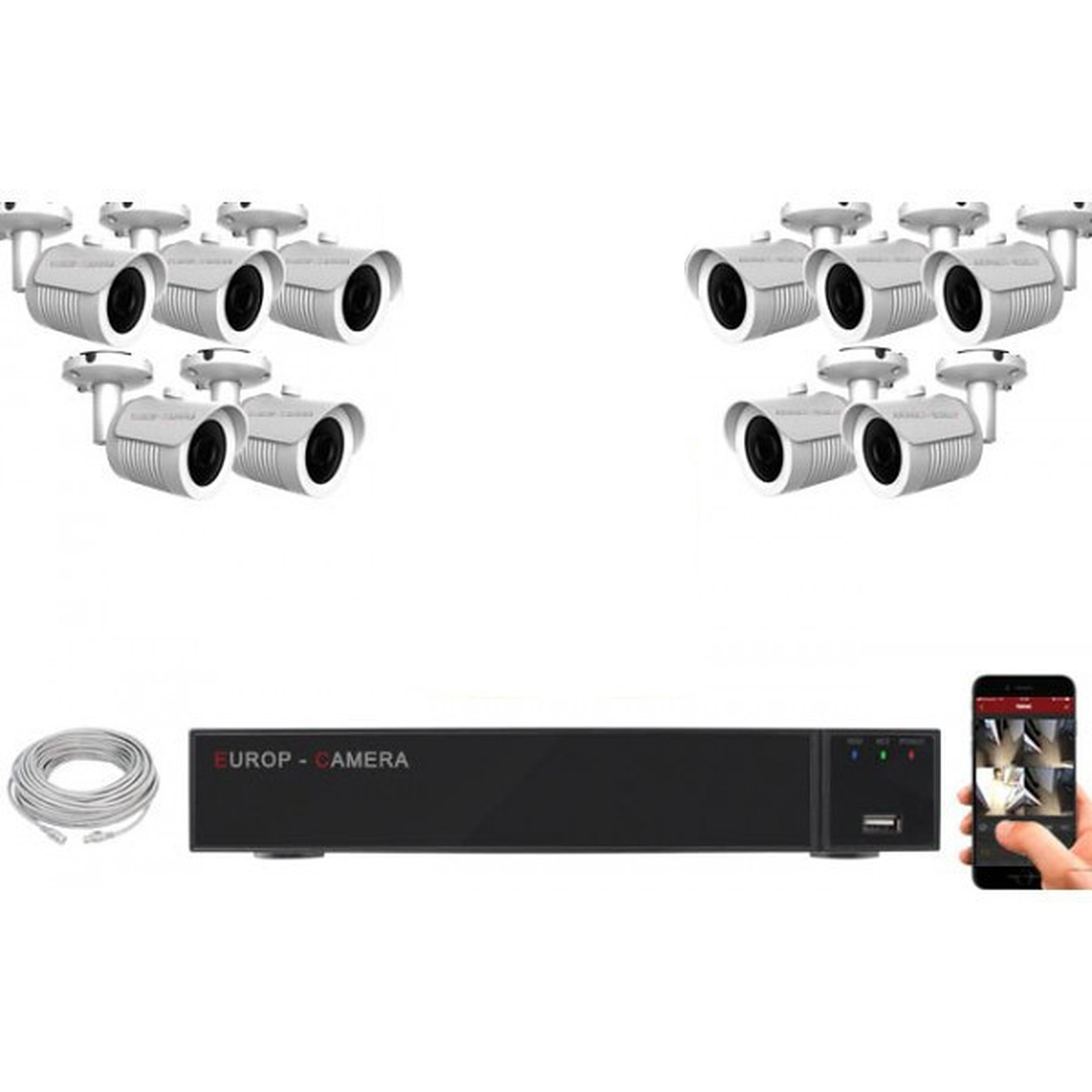 EC-VISION Kit video surveillance IP 10 cameras tubes POE 5 MegaPixels - Camera IP EC-Vision