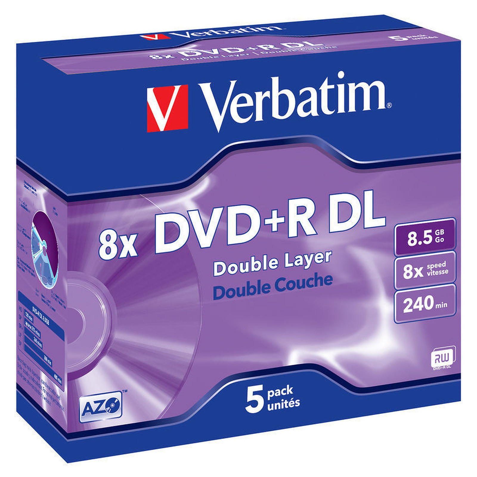 Verbatim DVD+R DL 8.5 Go 8x 240 min (par 5, boitier jewel) - DVD vierge Verbatim
