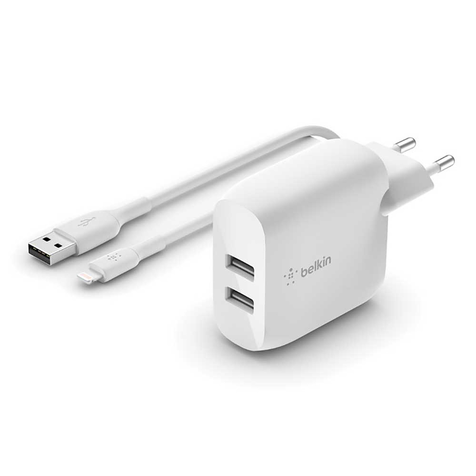 Belkin Boost Charge Chargeur secteur 2 ports USB-A 24 W avec cable Lightning vers USB-A (Blanc) - Chargeur telephone Belkin
