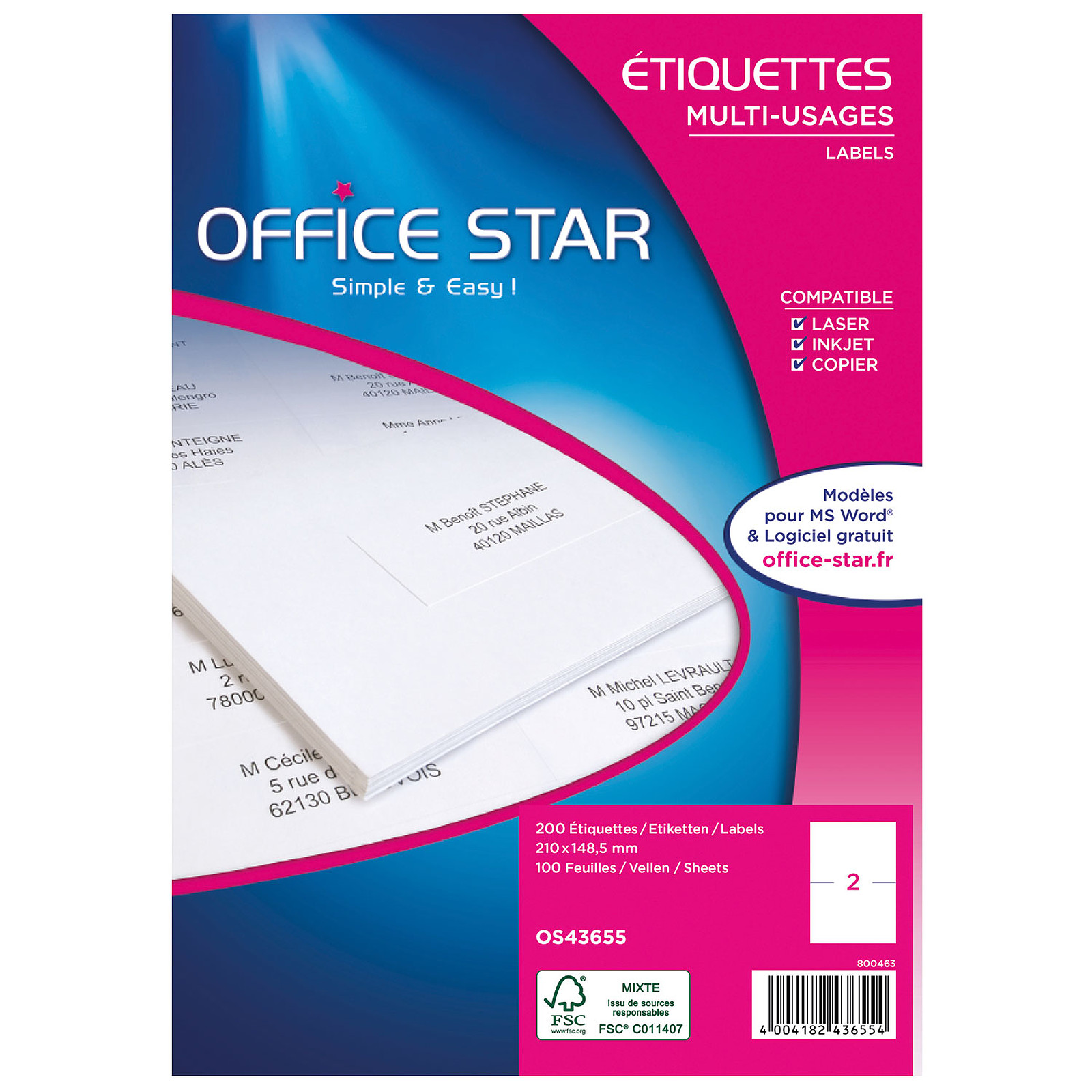Office Star Etiquettes 210 x 148.5 mm x 200 - Etiquette Office Star