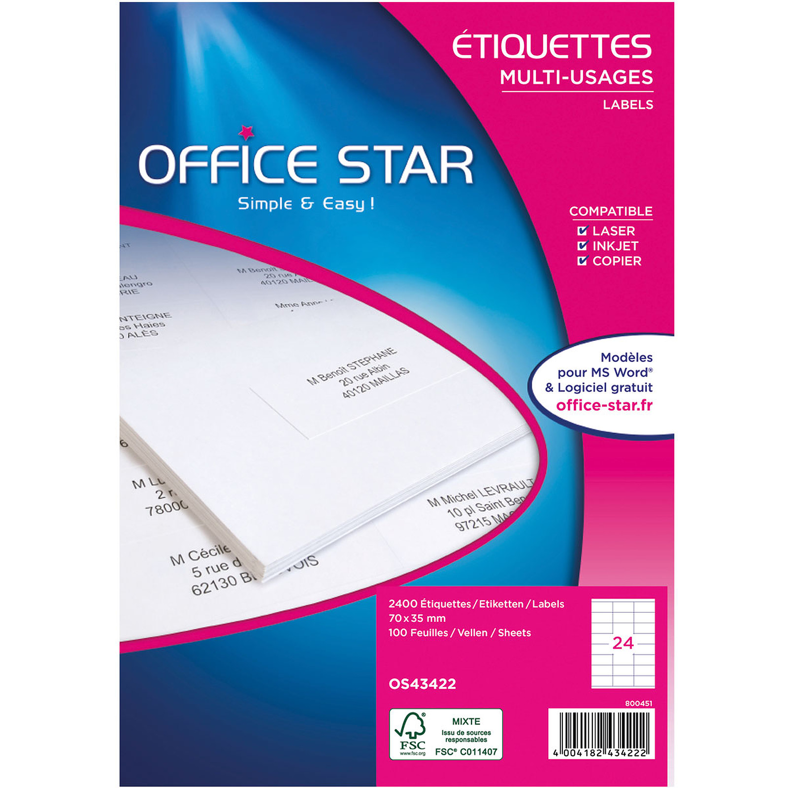 Office Star Etiquettes 70 x 35 mm x 2400 - Etiquette Office Star