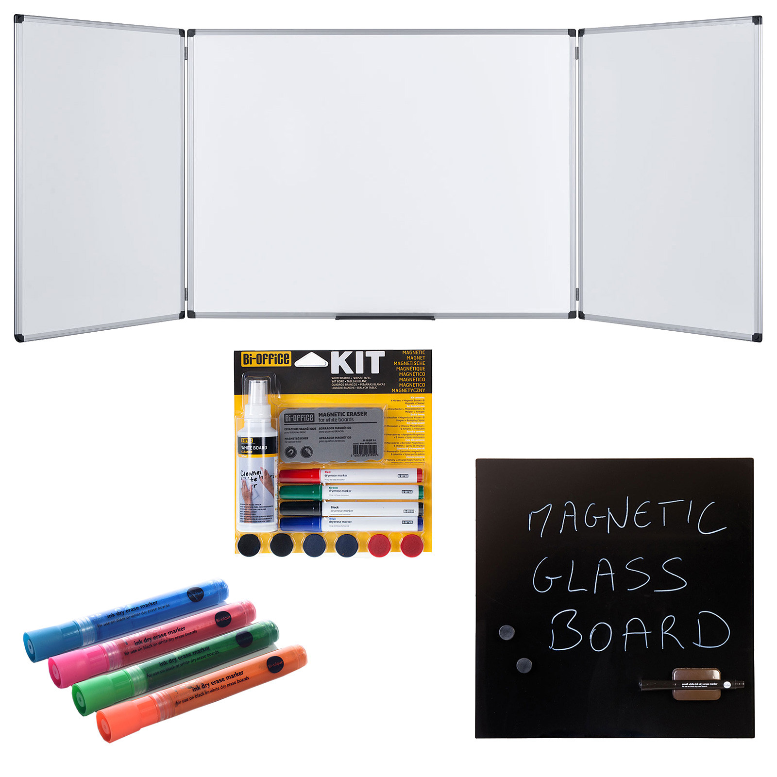 Bi-Office Triptyque 120 x 200/400 cm+ Kit magnetique et marqueurs + Tableau Memo - Tableau blanc et paperboard Bi-Office