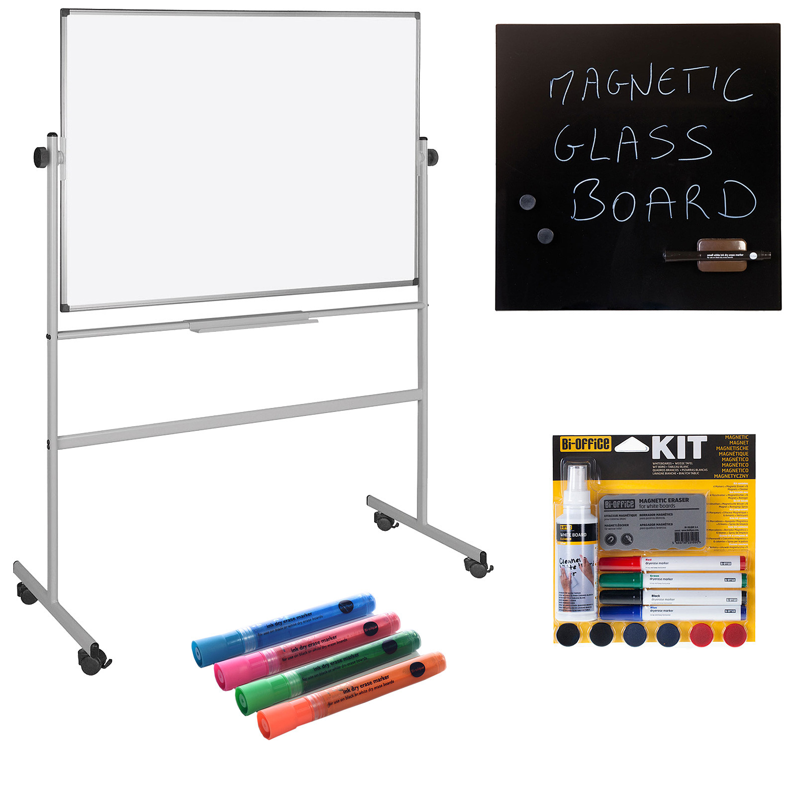 Bi-Office Tableau Pivotant 150 x 120 cm + Kit magnetique et marqueurs + Tableau Memo - Tableau blanc et paperboard Bi-Office