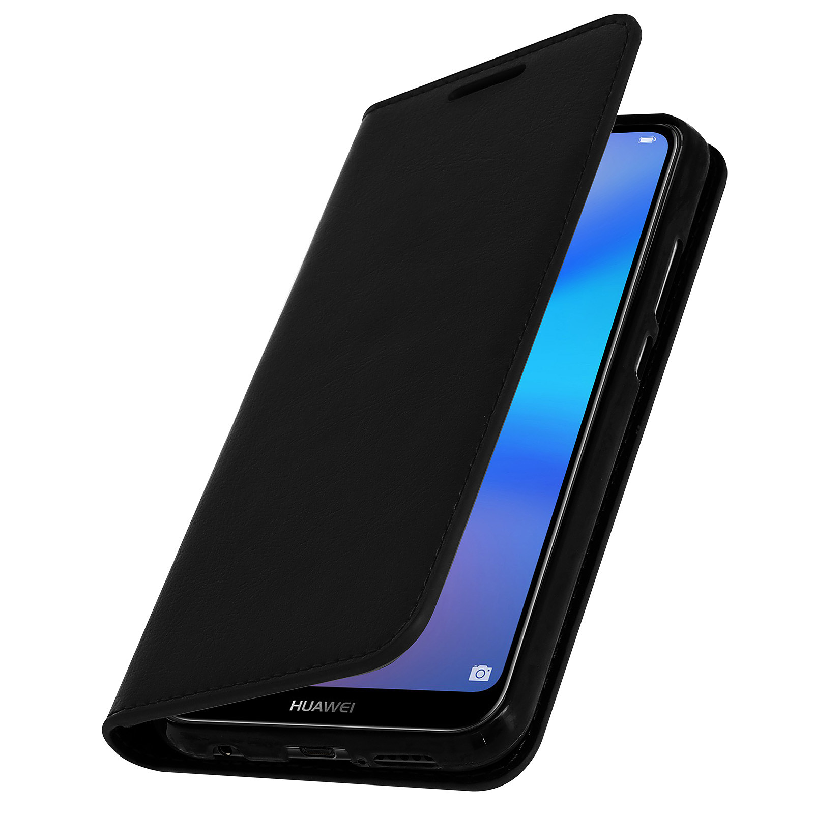 Avizar Etui folio Noir Cuir veritable pour Huawei P20 Lite - Coque telephone Avizar