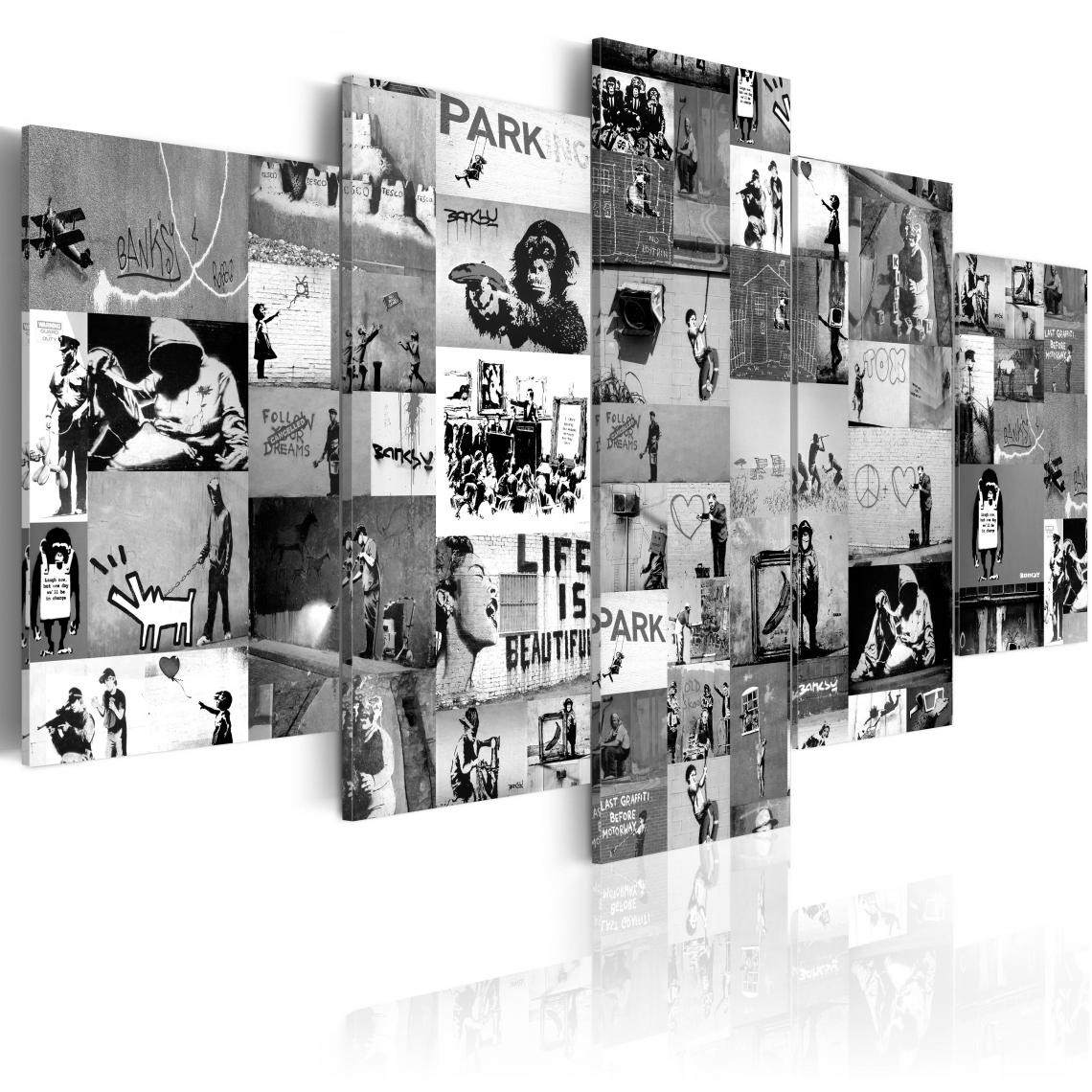 Decoshop26 - Tableau sur toile en 5 panneaux décoration murale image imprimée cadre en bois à suspendre Banksy: Collage de graffitis IV 200x100 cm 11_0003503 - Tableaux, peintures