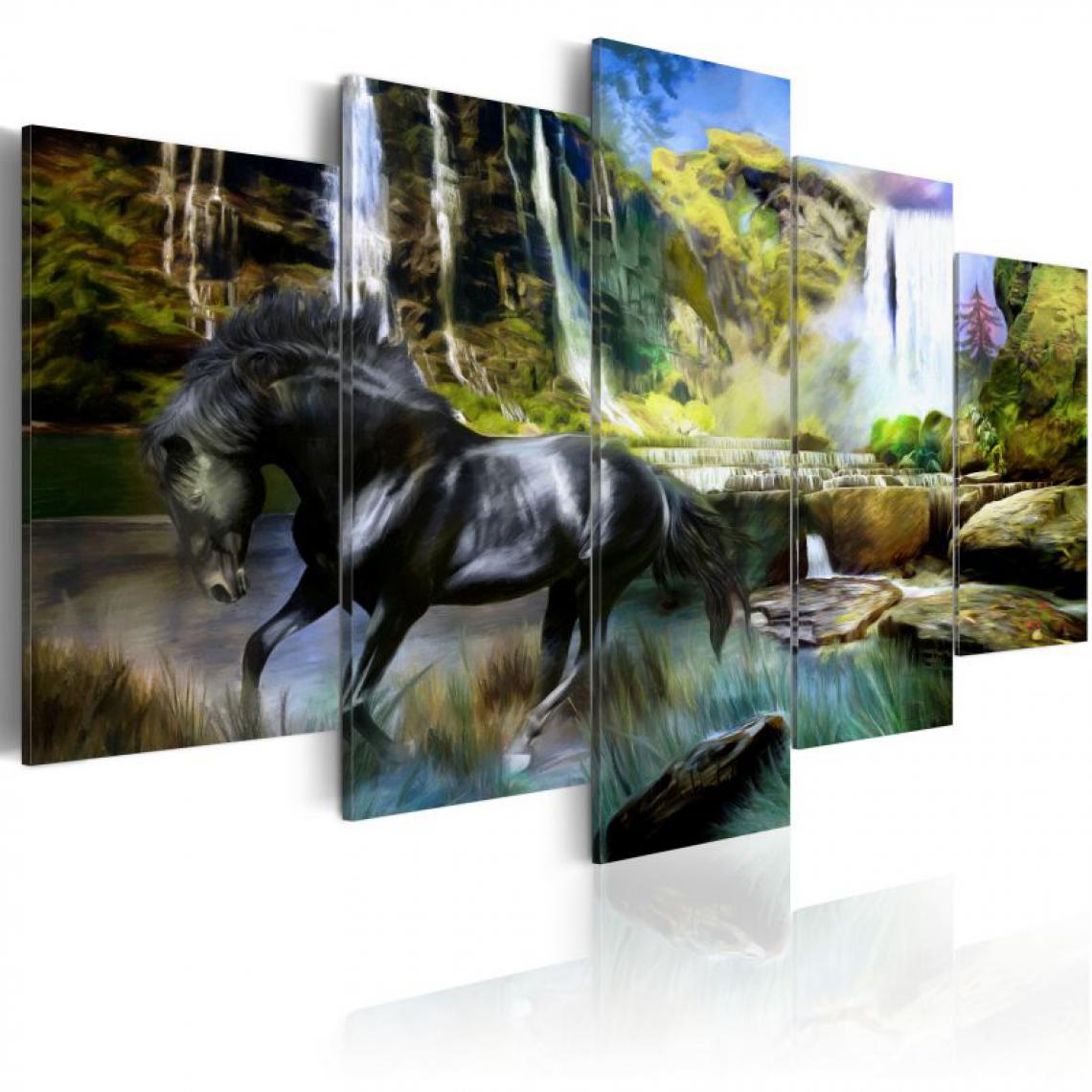 Artgeist - Tableau - Cheval noir sur fond de Cascade Paradis .Taille : 100x50 - Tableaux, peintures