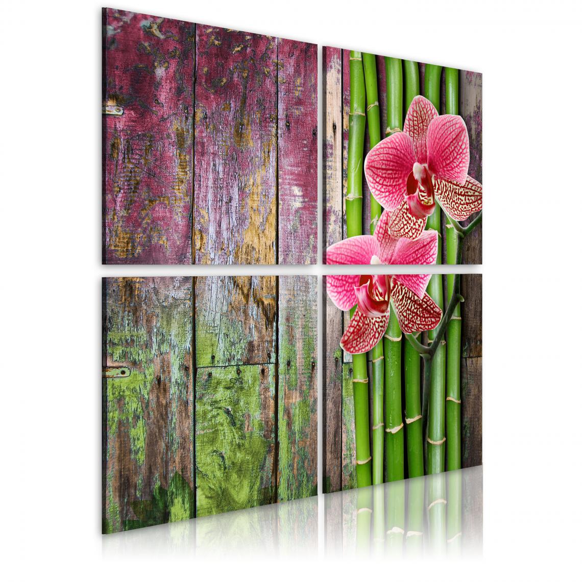 Decoshop26 - Tableau sur toile en 4 panneaux décoration murale image imprimée cadre en bois à suspendre Bambou et orchidée 60x60 cm 11_0008907 - Tableaux, peintures