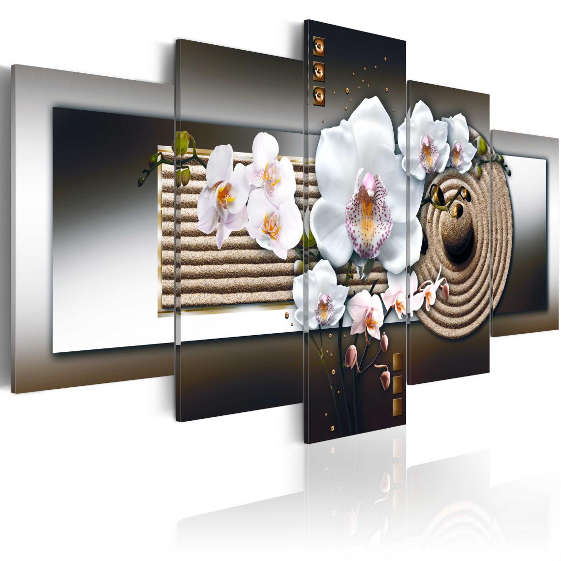 Decoshop26 - Tableau sur toile en 5 panneaux décoration murale image imprimée cadre en bois à suspendre Orchidée et jardin zen - marron 100x50 cm 11_0005548 - Tableaux, peintures