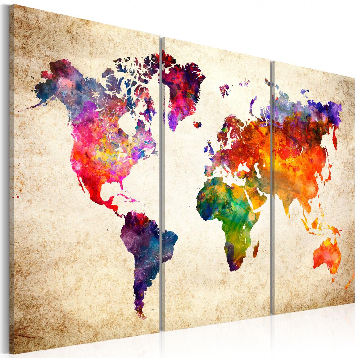 Decoshop26 - Tableau sur toile en 3 panneaux décoration murale image imprimée cadre en bois à suspendre La carte du monde à l'aquarelle 120x80 cm 11_0004474 - Tableaux, peintures