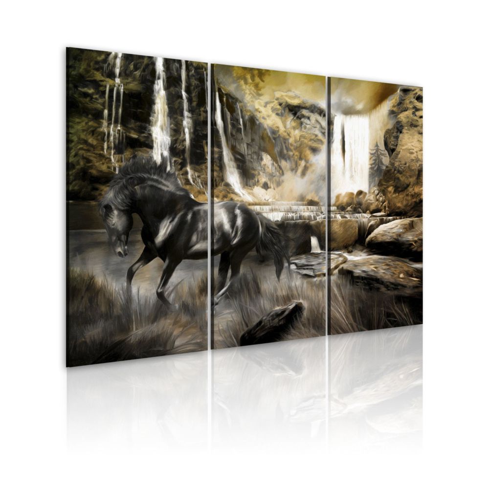 Artgeist - Tableau - Cheval noir et cascade rocheuse 60x40 - Tableaux, peintures