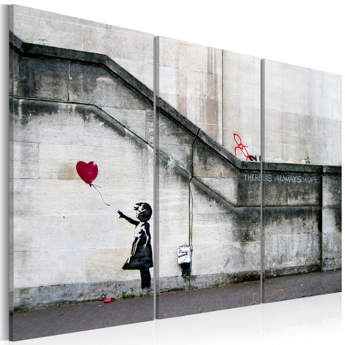 Decoshop26 - Tableau sur toile en 3 panneaux décoration murale image imprimée cadre en bois à suspendre Fille avec un ballon par Banksy 120x80 cm 11_0003472 - Tableaux, peintures