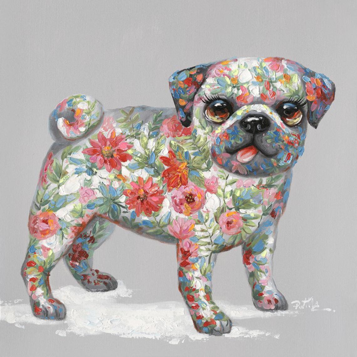 Meubletmoi - Peinture sur toile chien carlin fleuri - Puppy - Tableaux, peintures